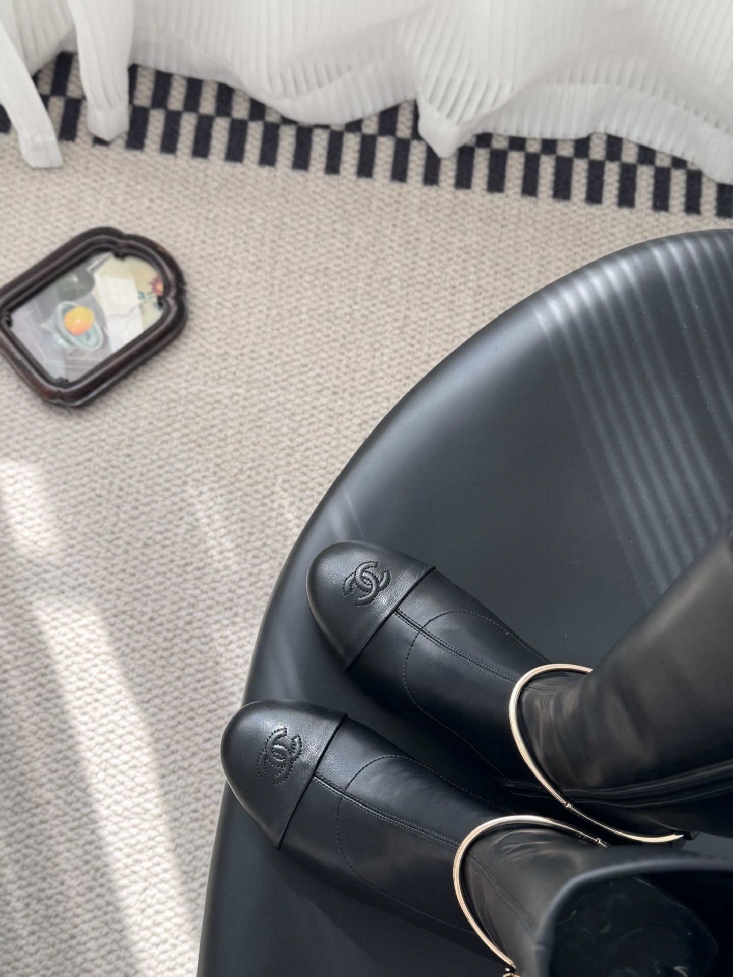 Women's Luxury Black Knee High Boots with Gold Chain Detail