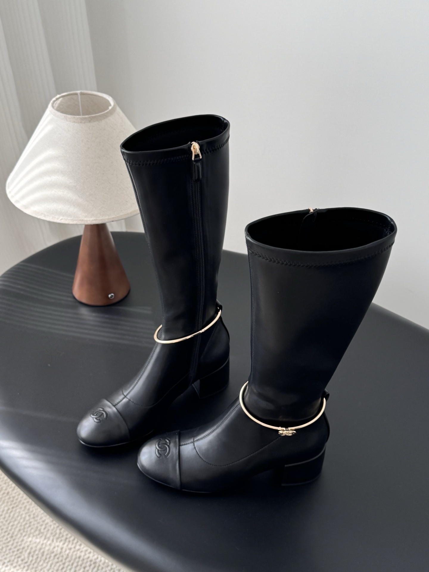 Women's Luxury Black Knee High Boots with Gold Chain Detail