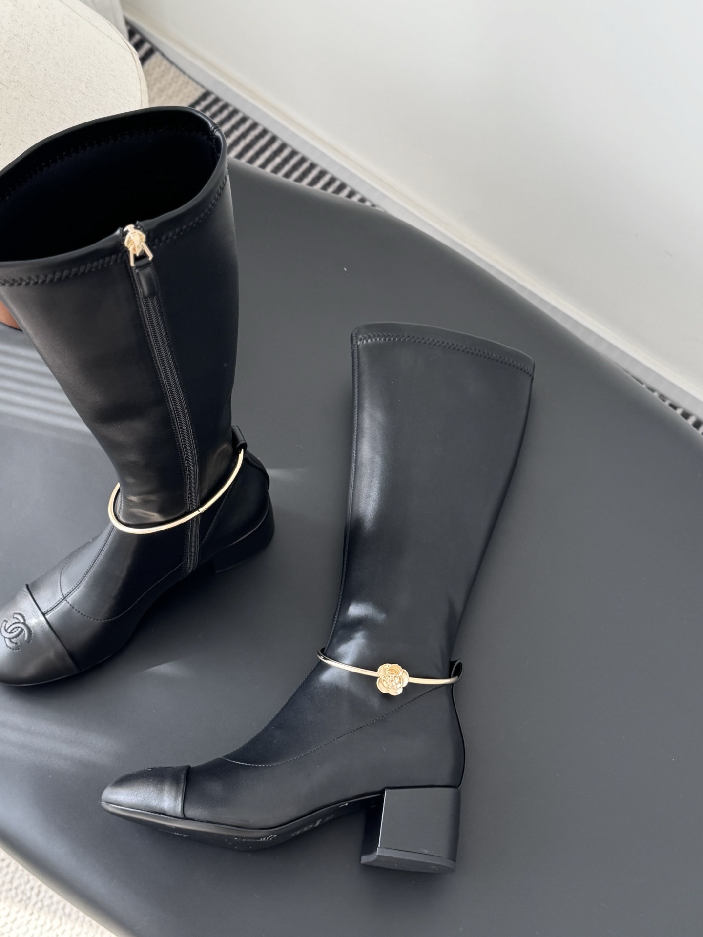 Women's Luxury Black Knee High Boots with Gold Chain Detail