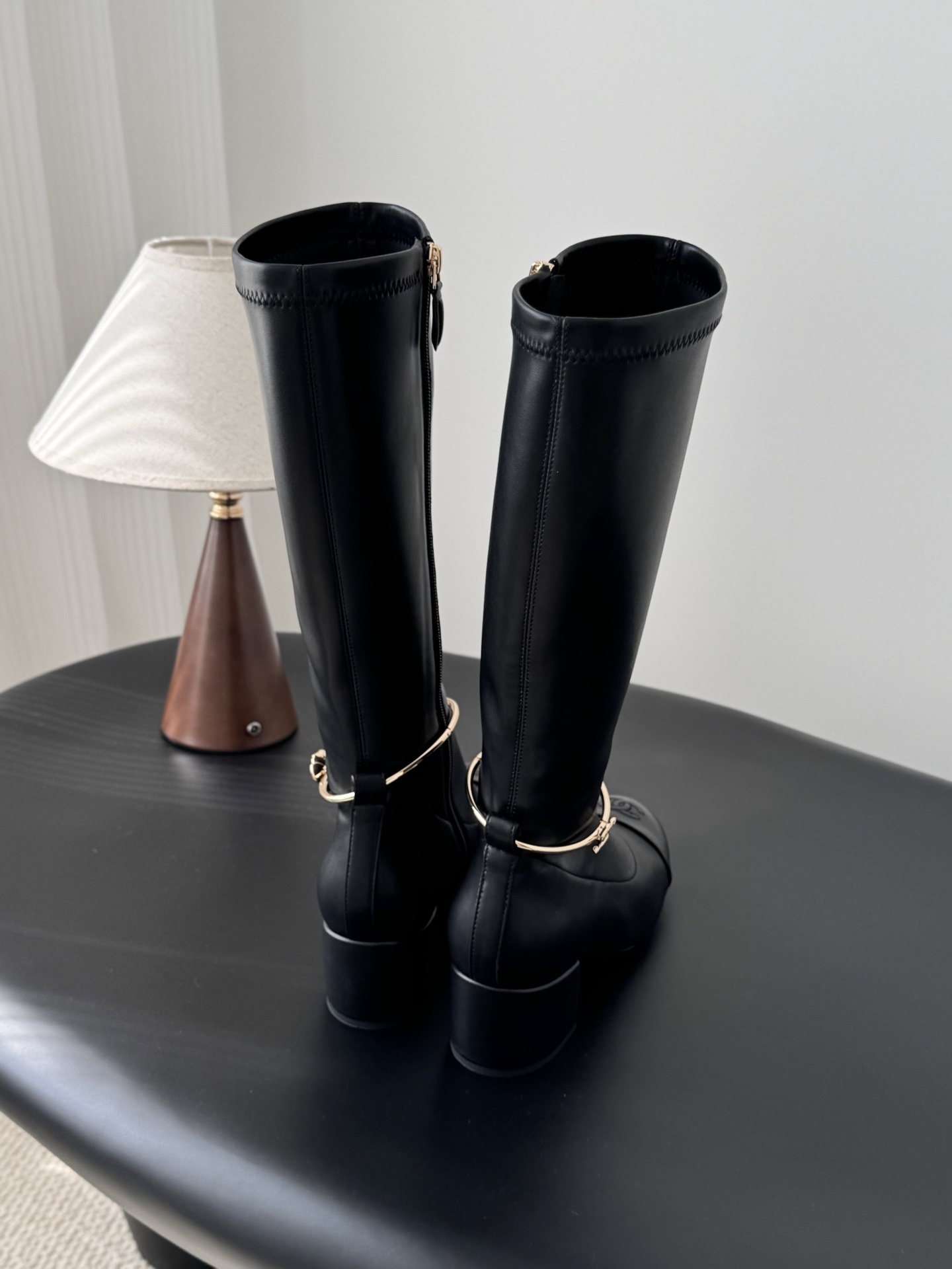 Women's Luxury Black Knee High Boots with Gold Chain Detail