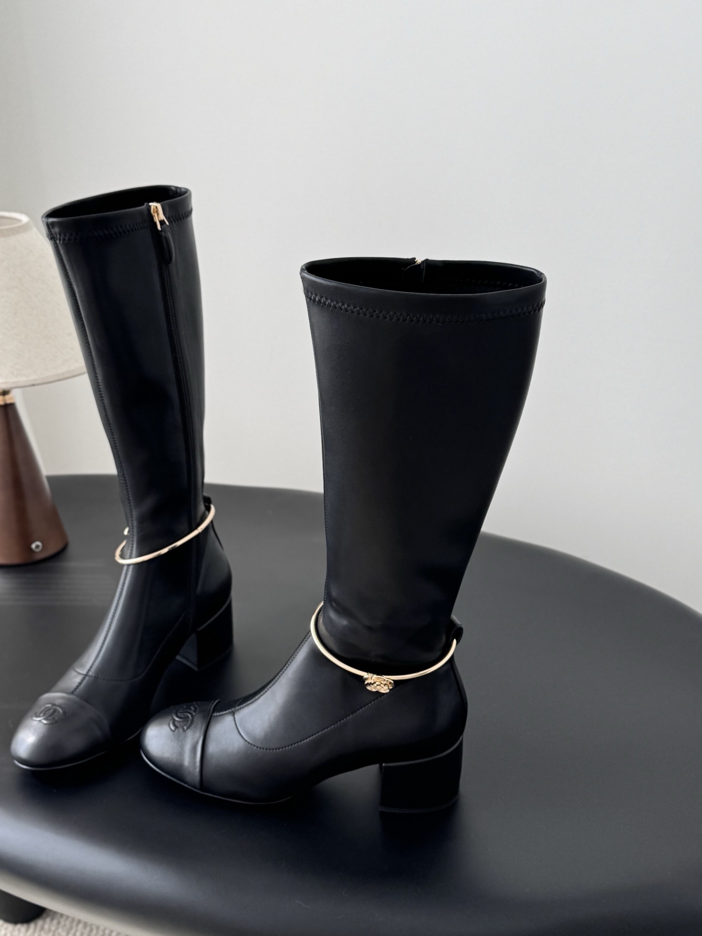 Women's Luxury Black Knee High Boots with Gold Chain Detail