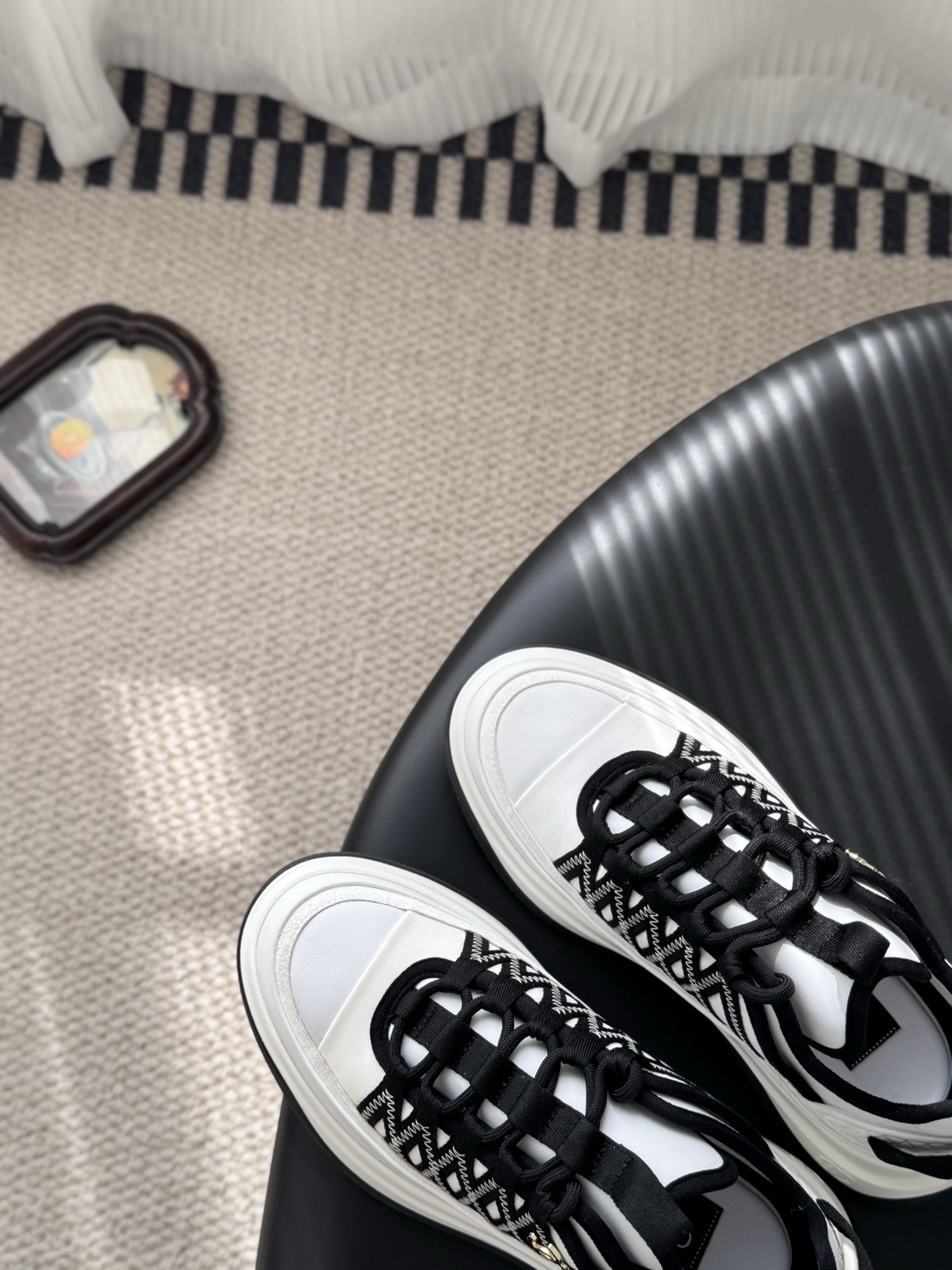 Chanel Luxury Black and White Sneakers with Gold CC Logo