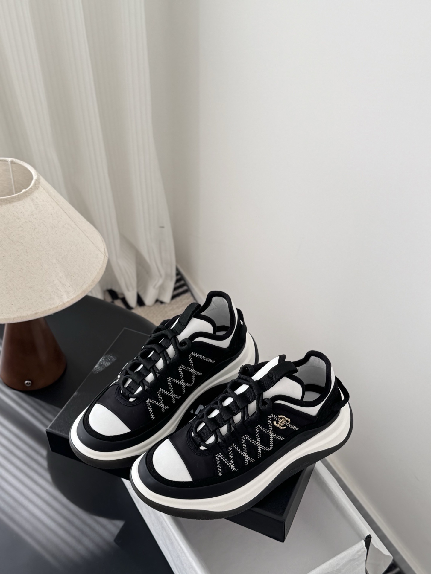 Chanel Black & White Chunky Platform Sneakers with CC Logo