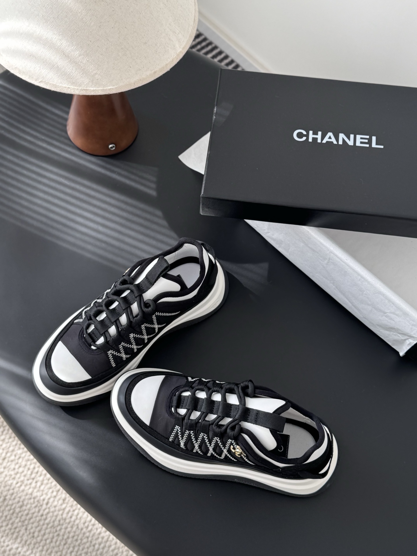 Chanel Black & White Chunky Platform Sneakers with CC Logo