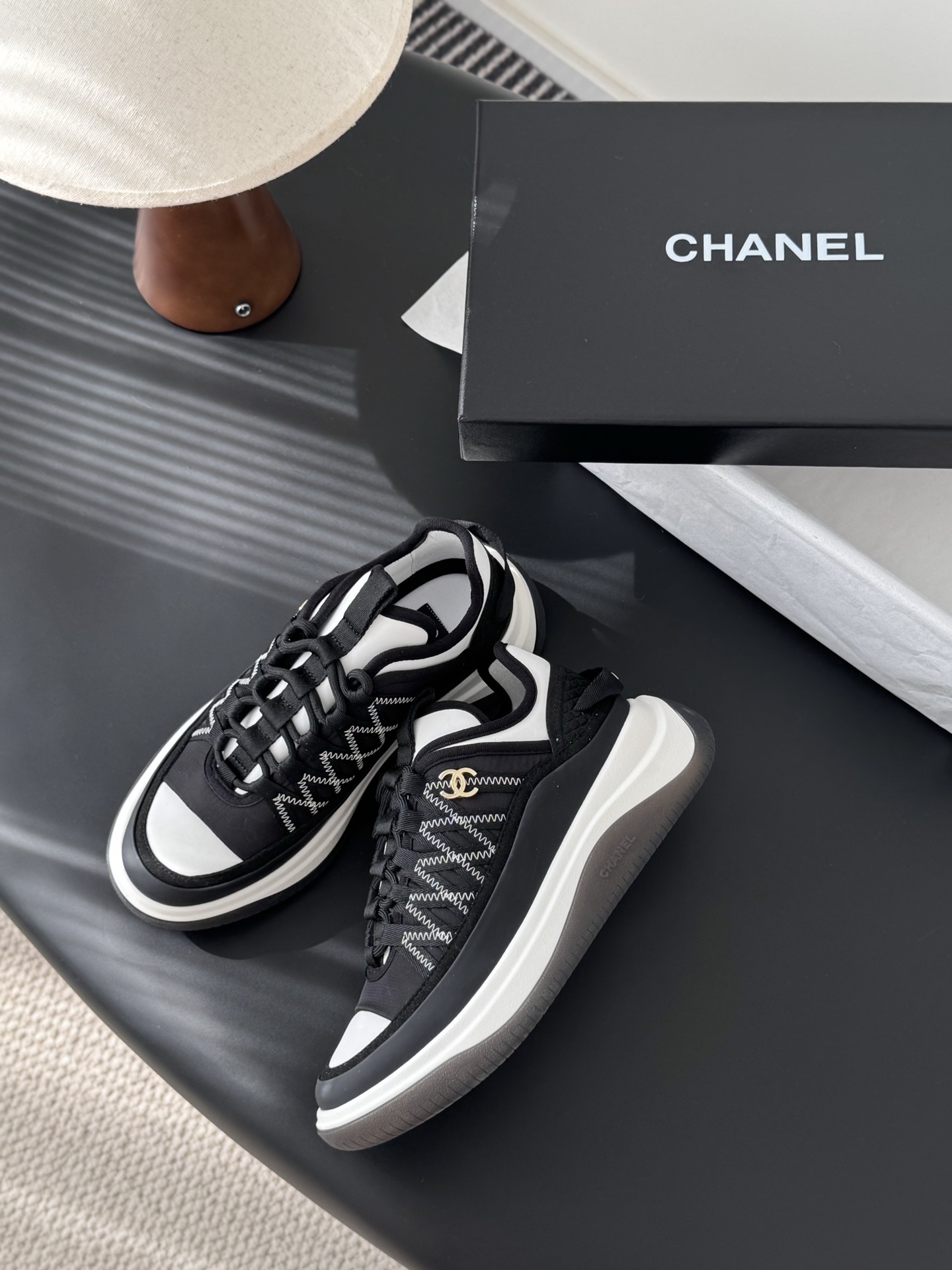 Chanel Black & White Chunky Platform Sneakers with CC Logo