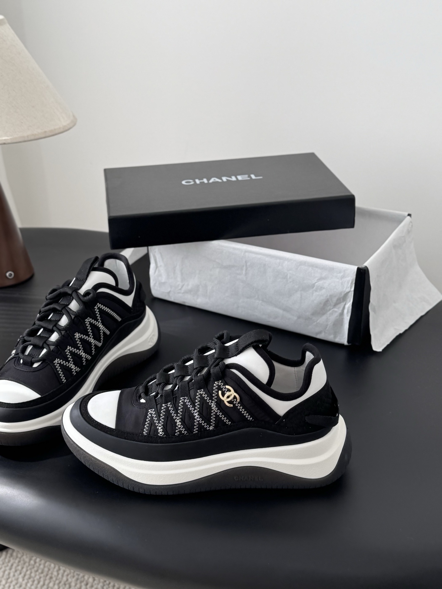 Chanel Black & White Chunky Platform Sneakers with CC Logo