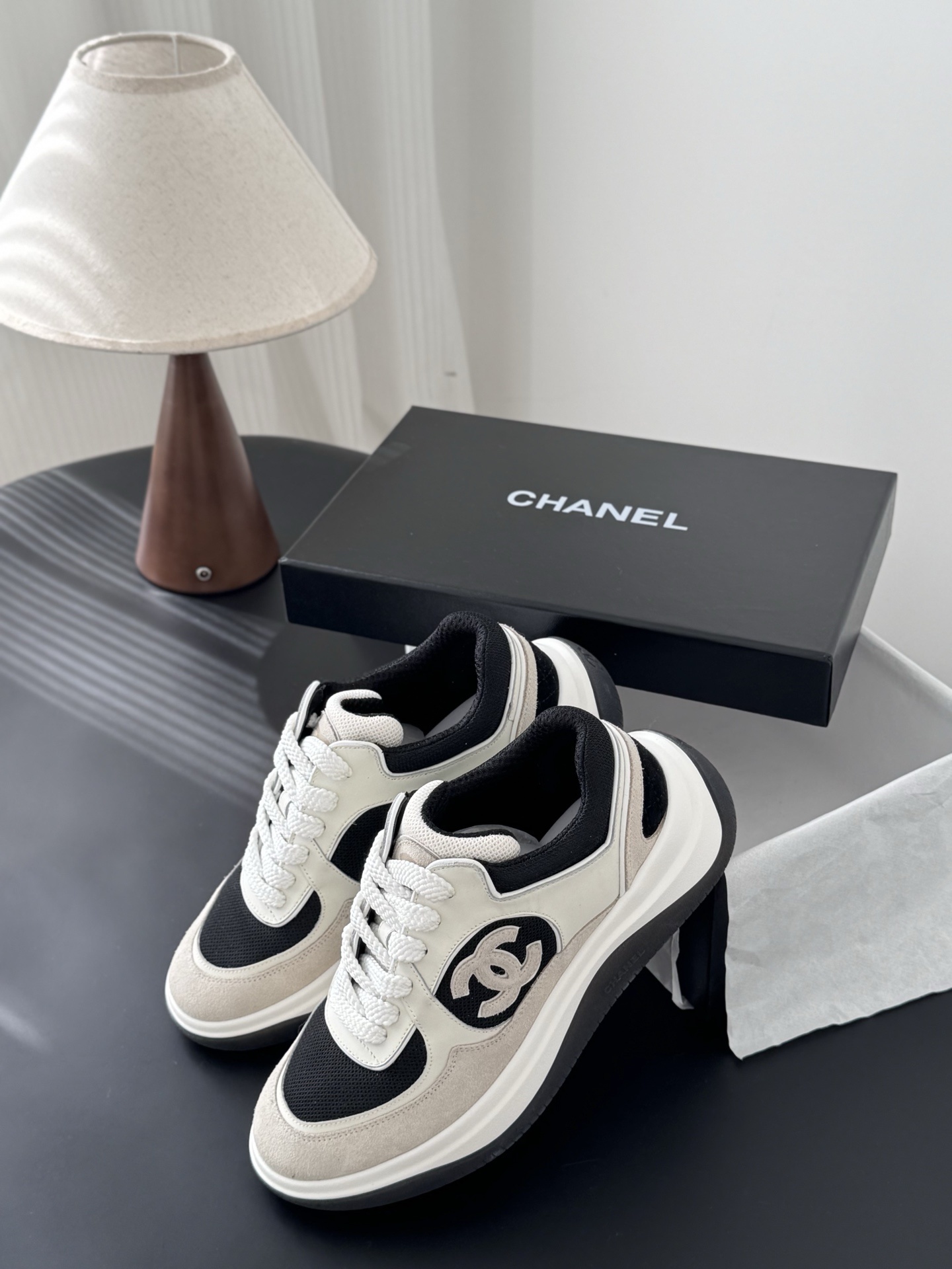 Chanel Luxury Mesh & Suede Sneakers - Elegant Black & Beige Trainers