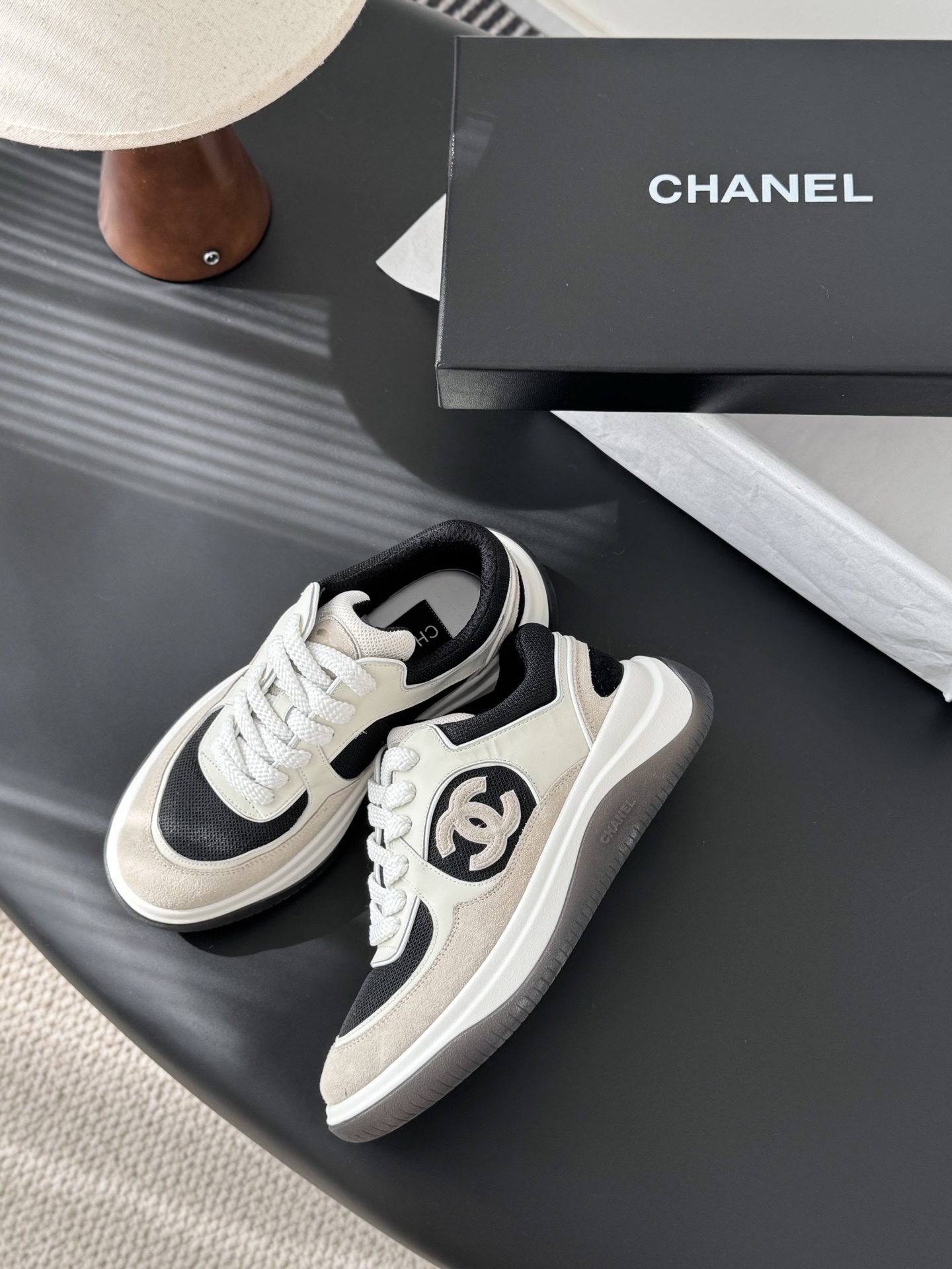 Chanel Luxury Mesh & Suede Sneakers - Elegant Black & Beige Trainers