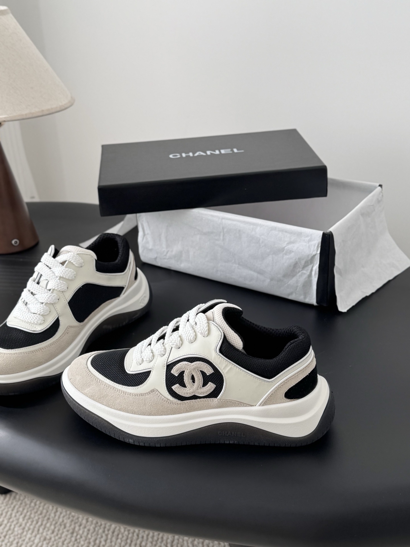Chanel Luxury Mesh & Suede Sneakers - Elegant Black & Beige Trainers