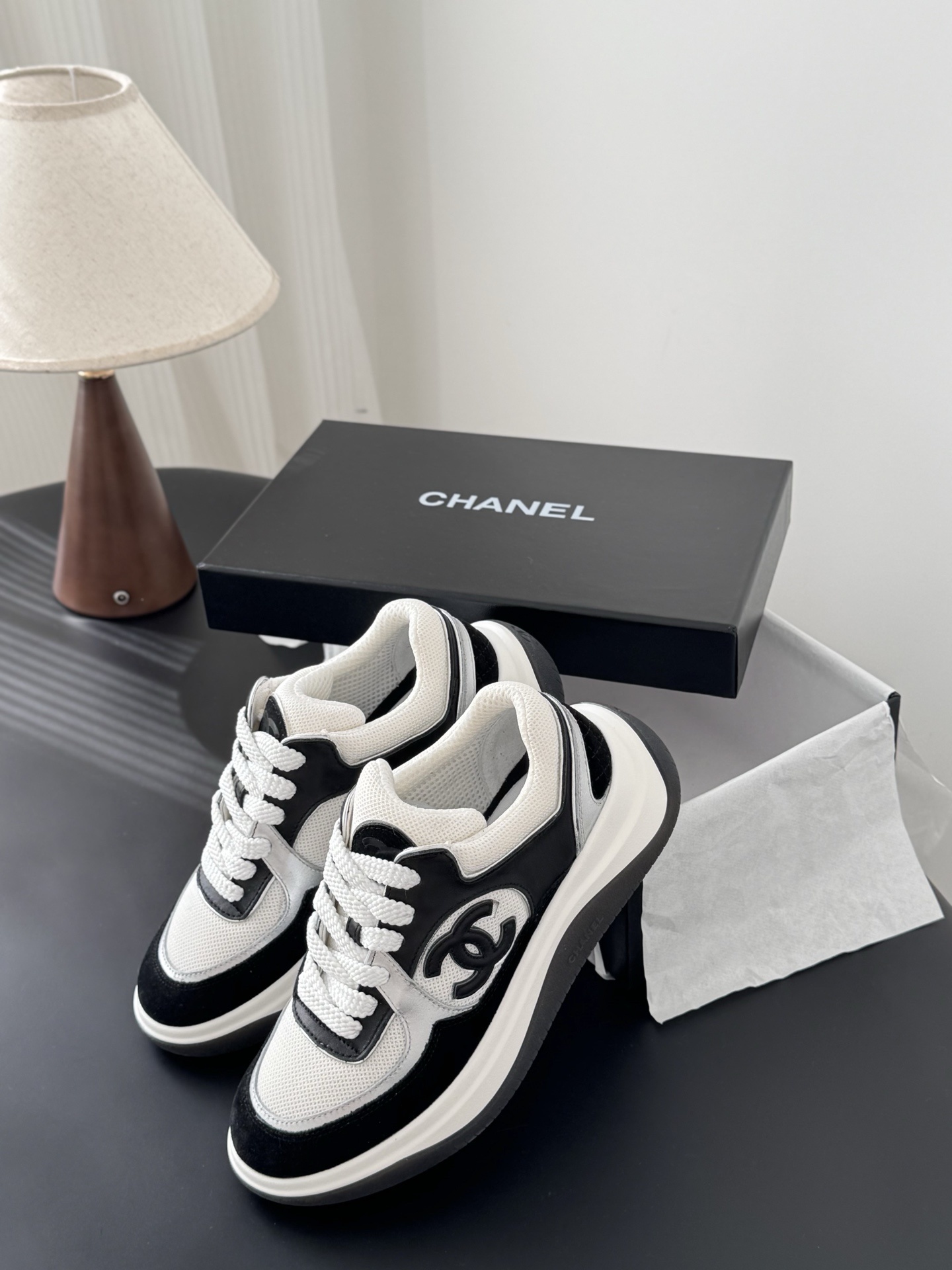 Chanel CC Logo Sneakers - Black, White & Silver Designer Footwear