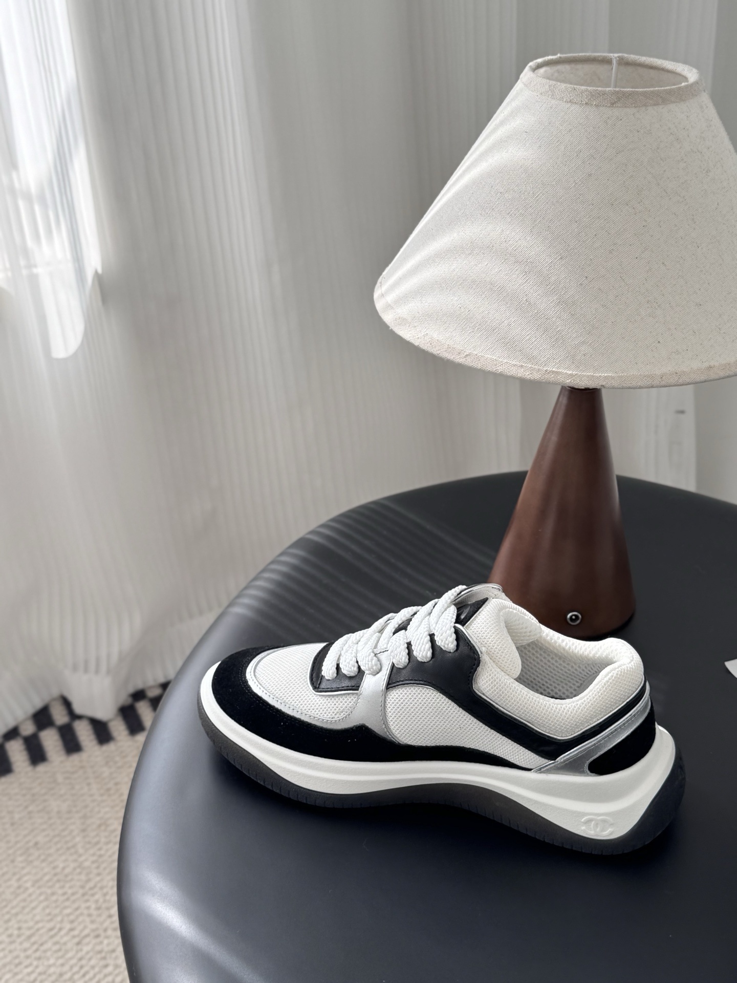 Chanel CC Logo Sneakers - Black, White & Silver Designer Footwear