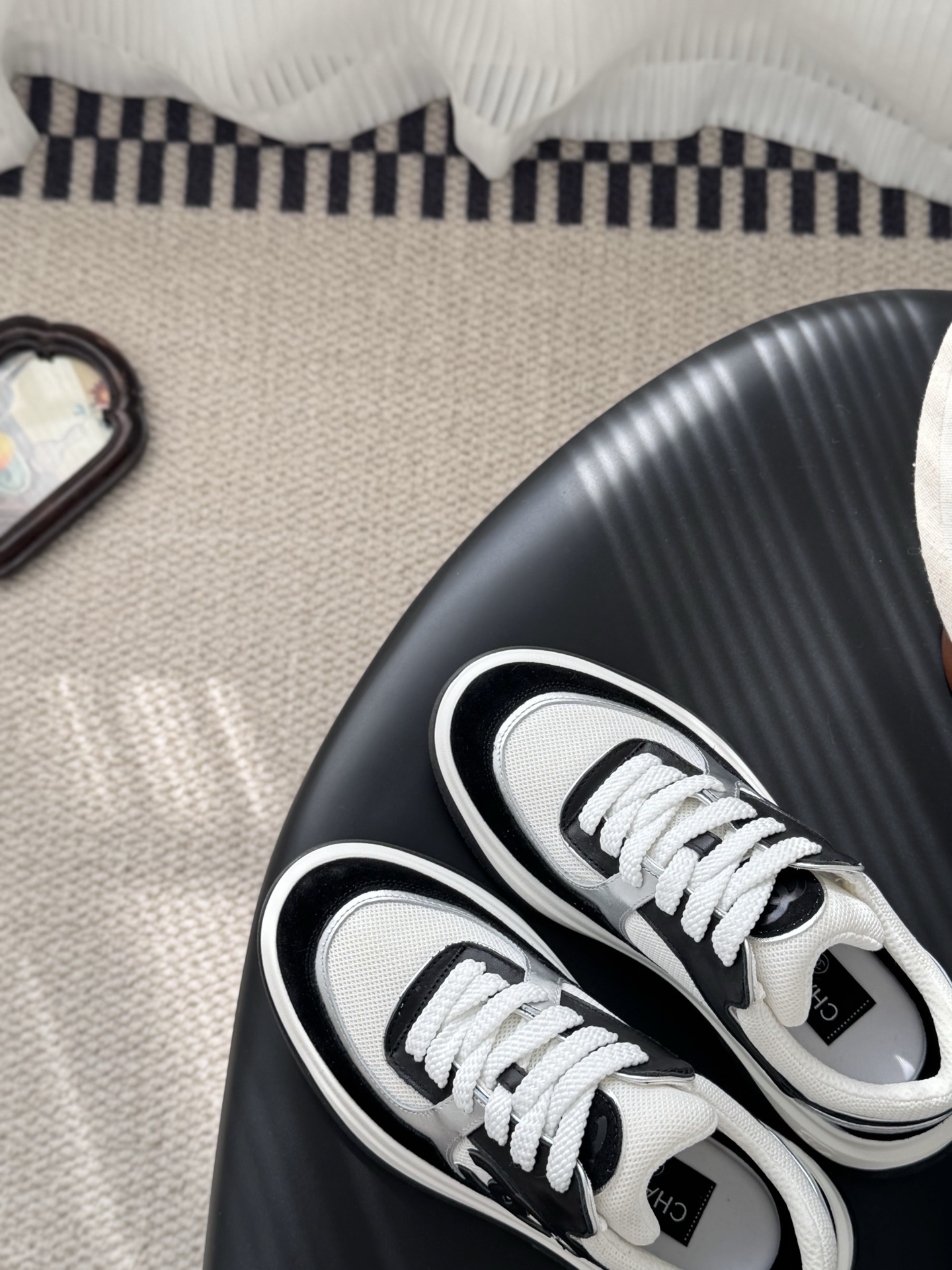 Chanel CC Logo Sneakers - Black, White & Silver Designer Footwear