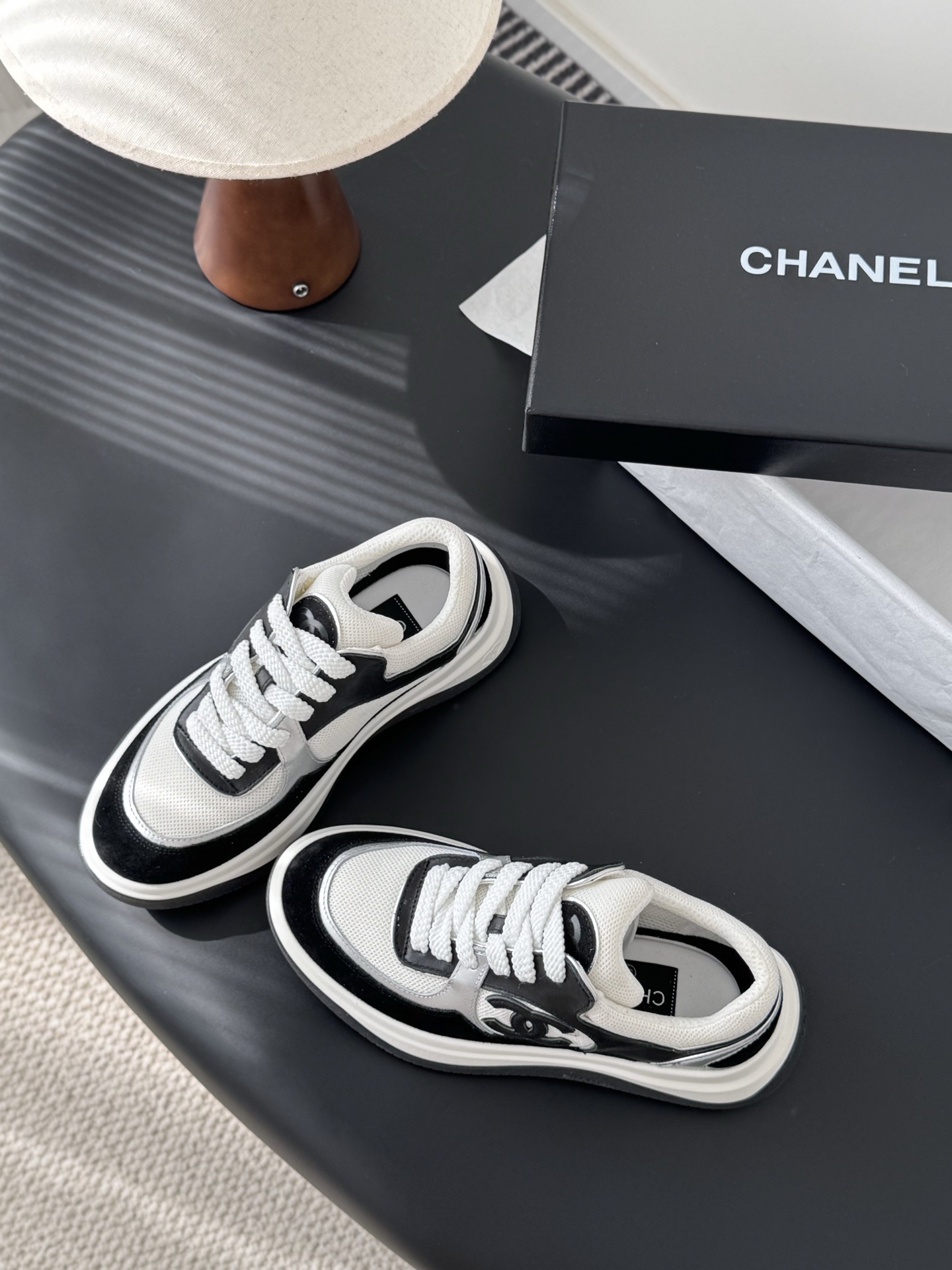 Chanel CC Logo Sneakers - Black, White & Silver Designer Footwear