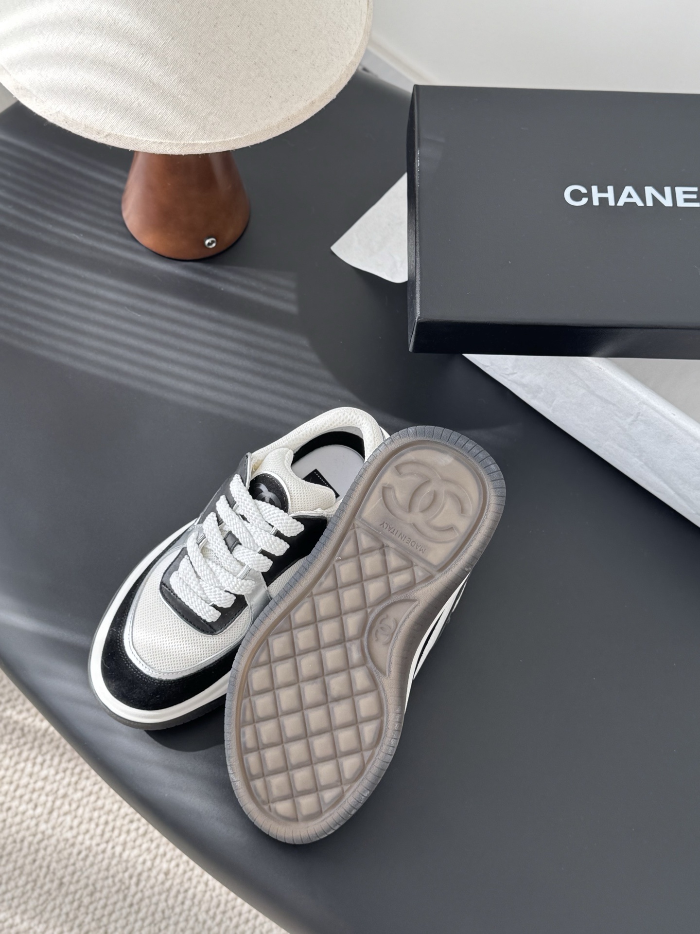 Chanel CC Logo Sneakers - Black, White & Silver Designer Footwear