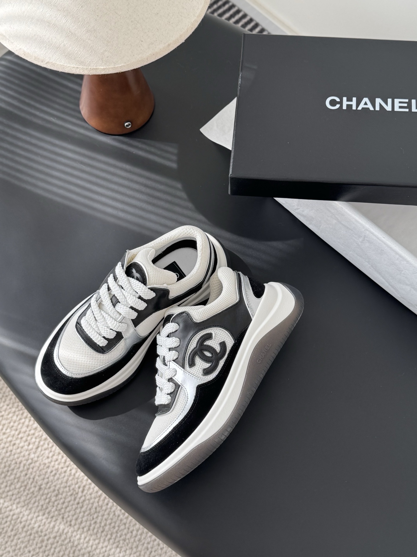 Chanel CC Logo Sneakers - Black, White & Silver Designer Footwear