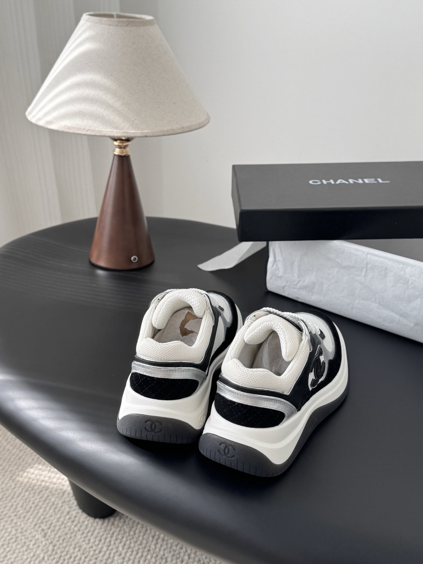 Chanel CC Logo Sneakers - Black, White & Silver Designer Footwear