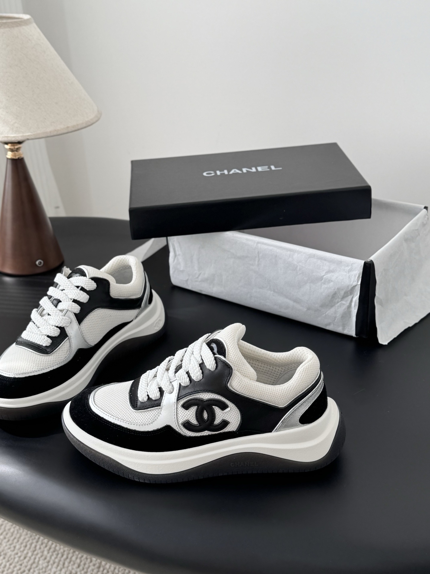 Chanel CC Logo Sneakers - Black, White & Silver Designer Footwear