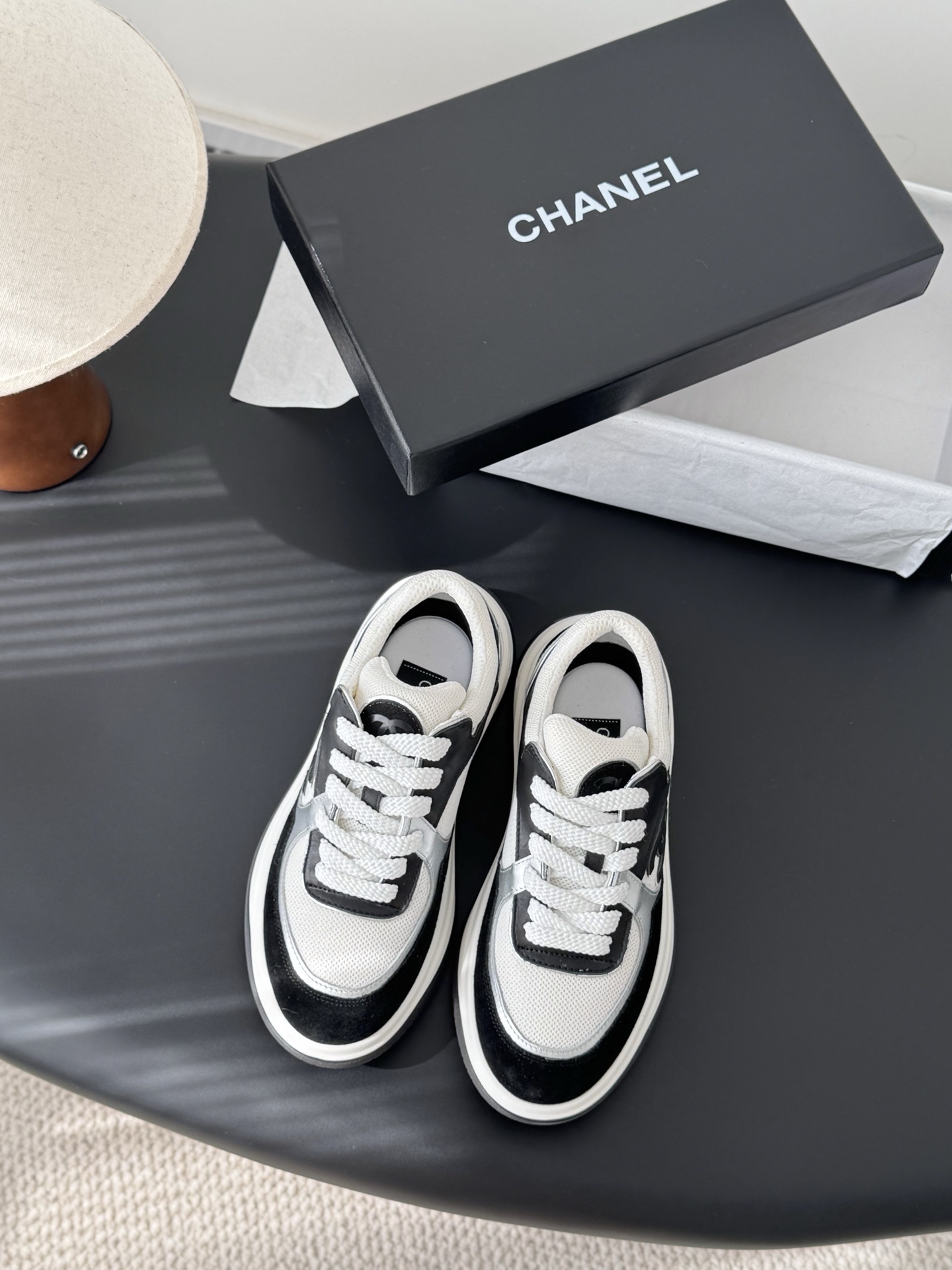 Chanel CC Logo Sneakers – Black, White & Silver Designer Footwear