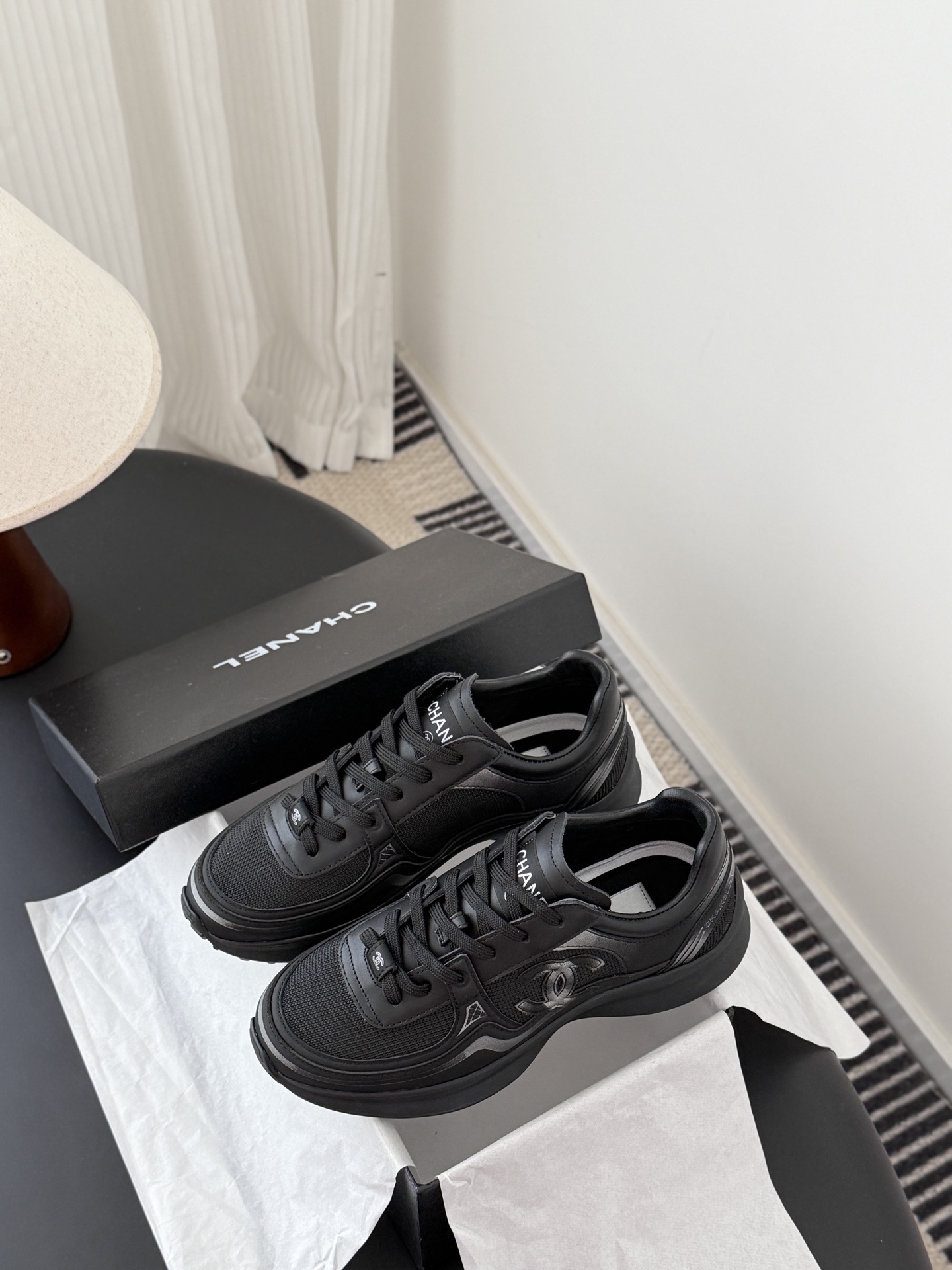 Chanel Black Mesh & Leather Sneakers with Iconic CC Logo