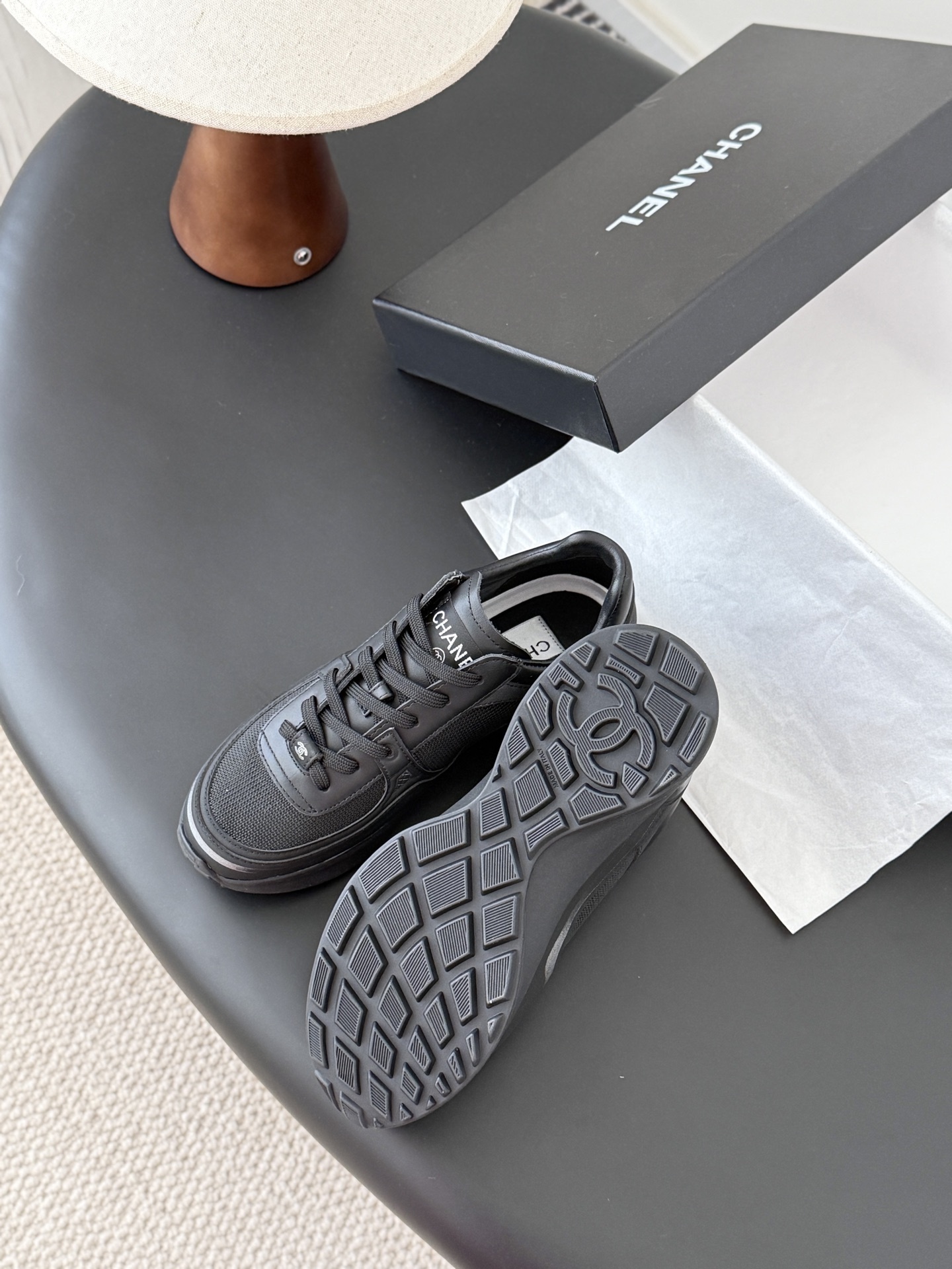 Chanel Black Mesh & Leather Sneakers with Iconic CC Logo