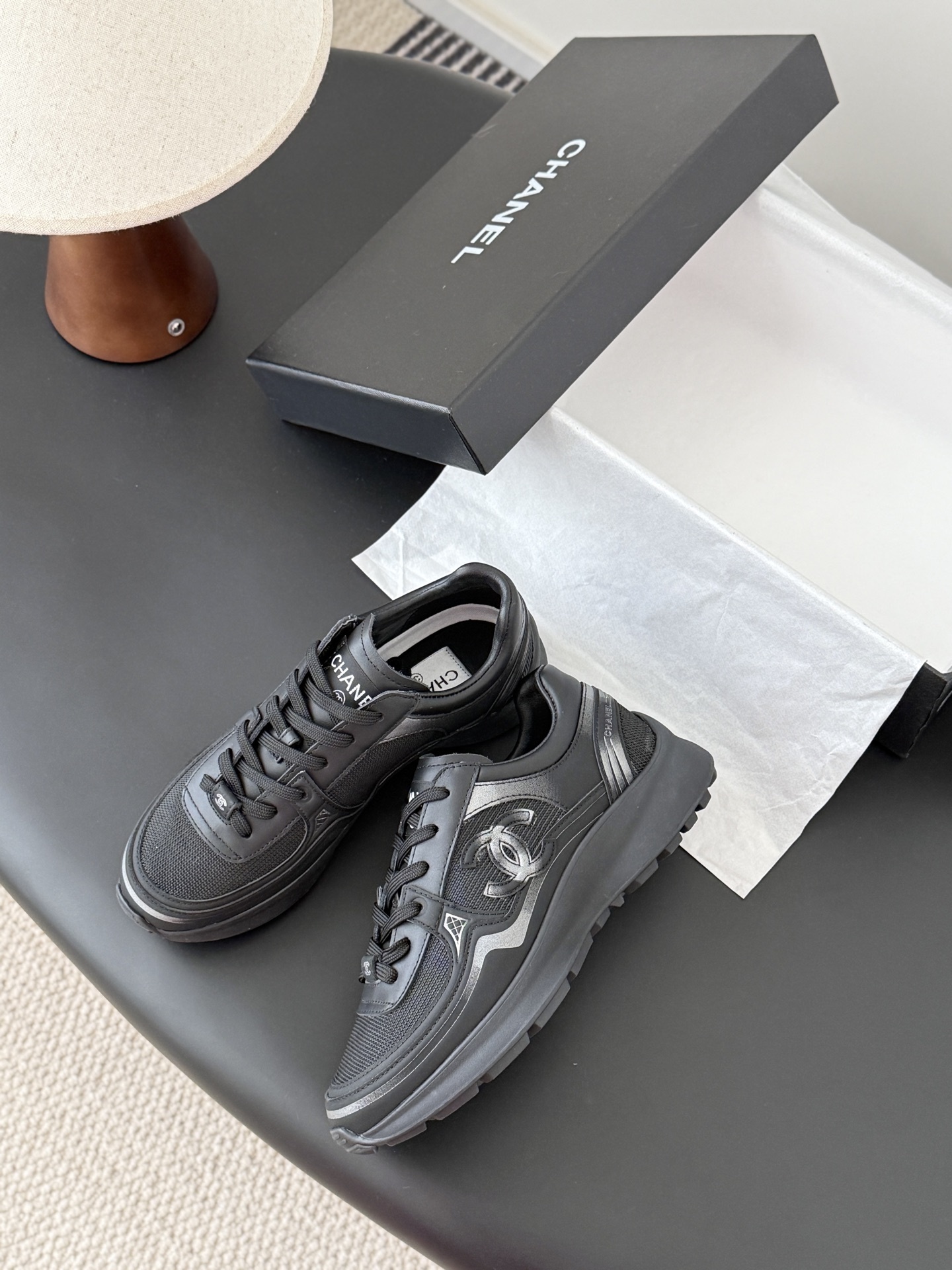 Chanel Black Mesh & Leather Sneakers with Iconic CC Logo