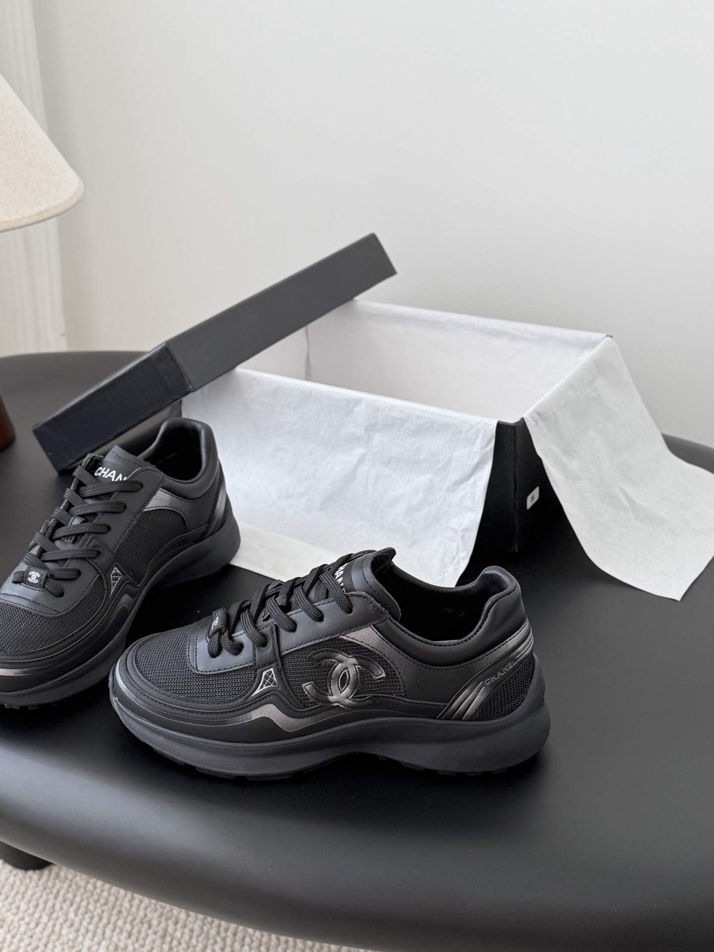 Chanel Black Mesh & Leather Sneakers with Iconic CC Logo