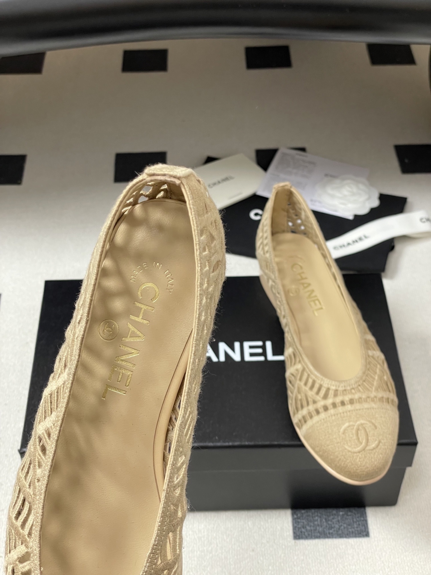 Chanel Beige Mesh Woven Ballerina Flats with CC Logo