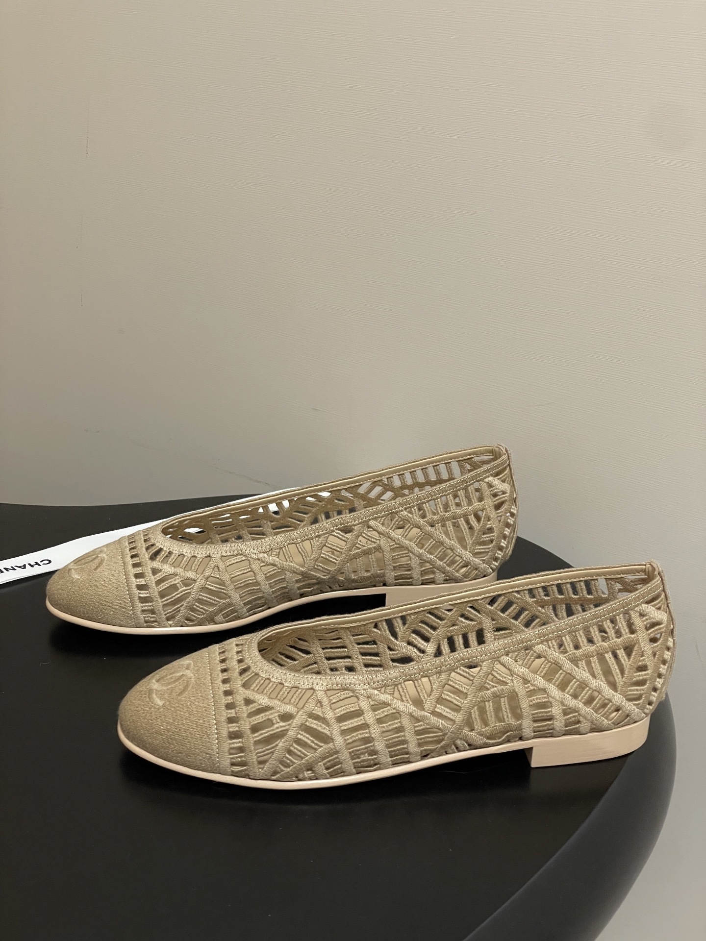 Chanel Beige Mesh Woven Ballerina Flats with CC Logo