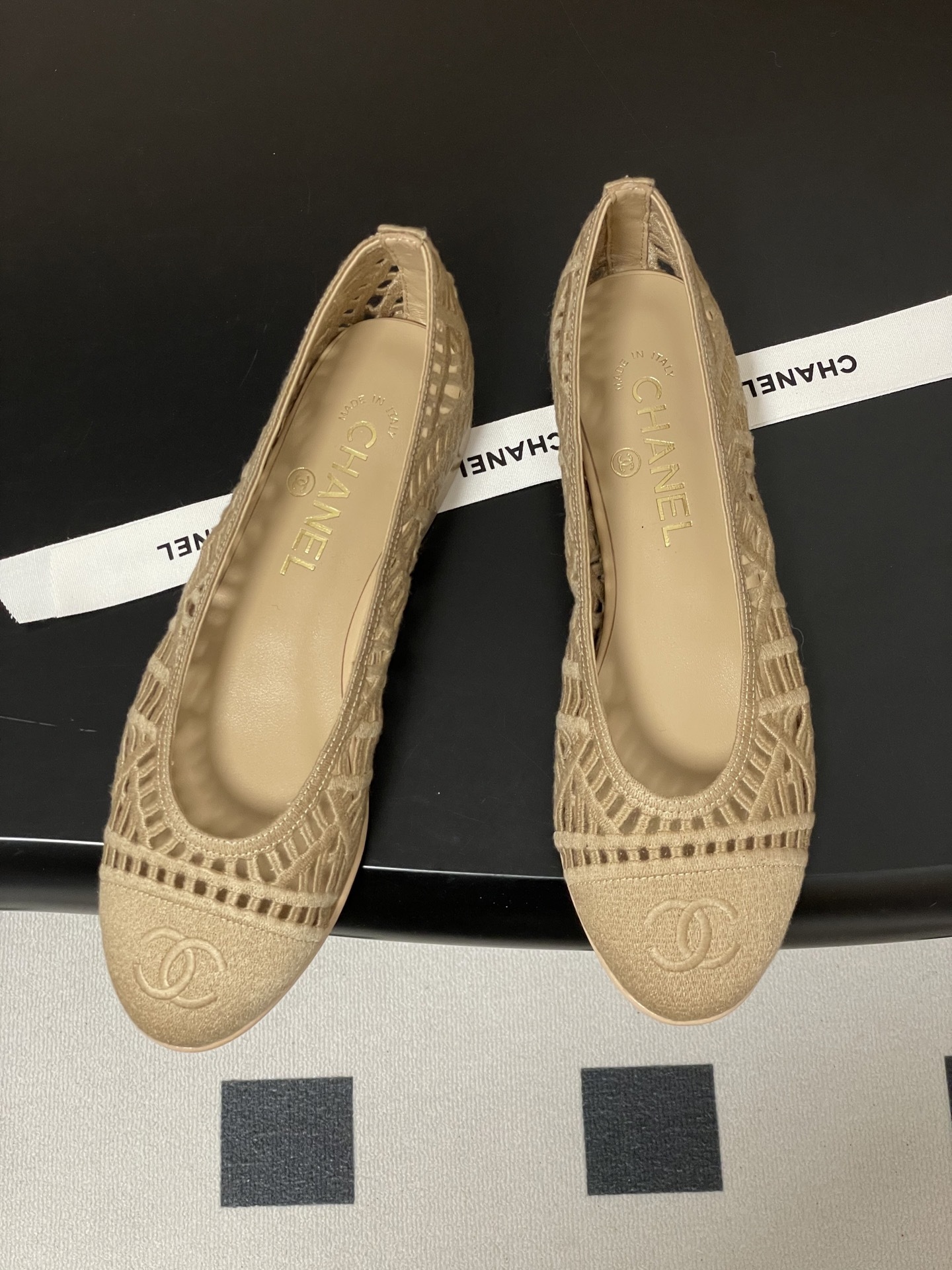 Chanel Beige Mesh Woven Ballerina Flats with CC Logo