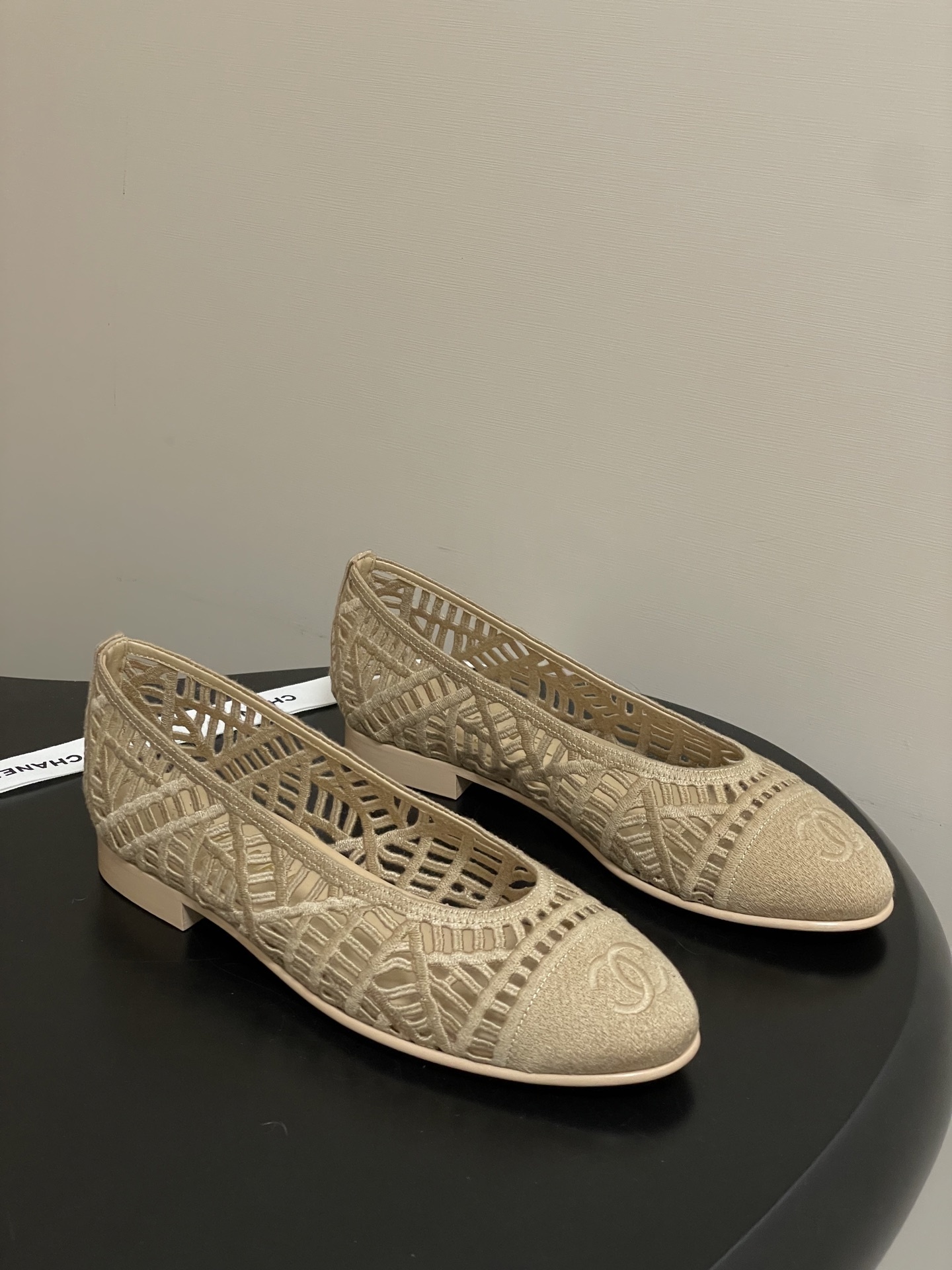 Chanel Beige Mesh Woven Ballerina Flats with CC Logo
