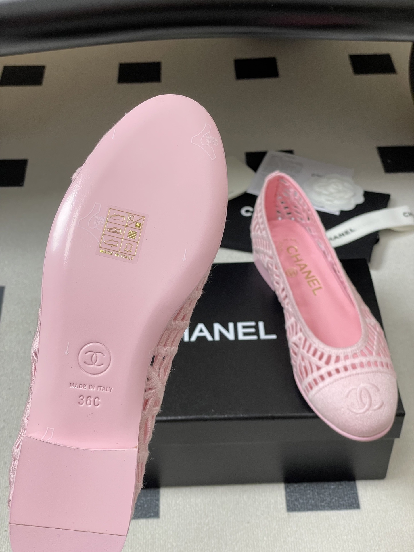 Chanel Pink Mesh Lace Ballet Flats with Interlocking CC Logo