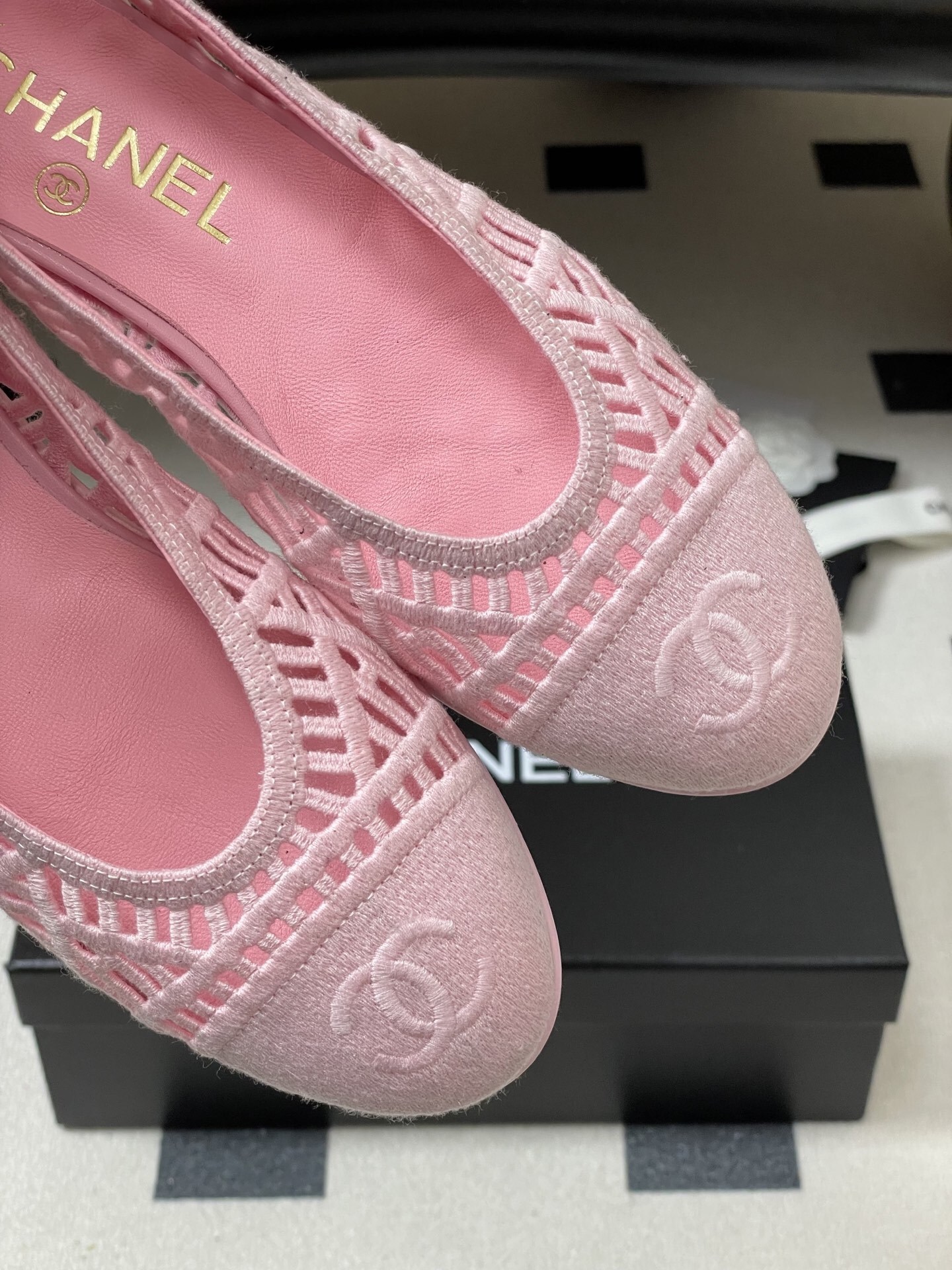 Chanel Pink Mesh Lace Ballet Flats with Interlocking CC Logo