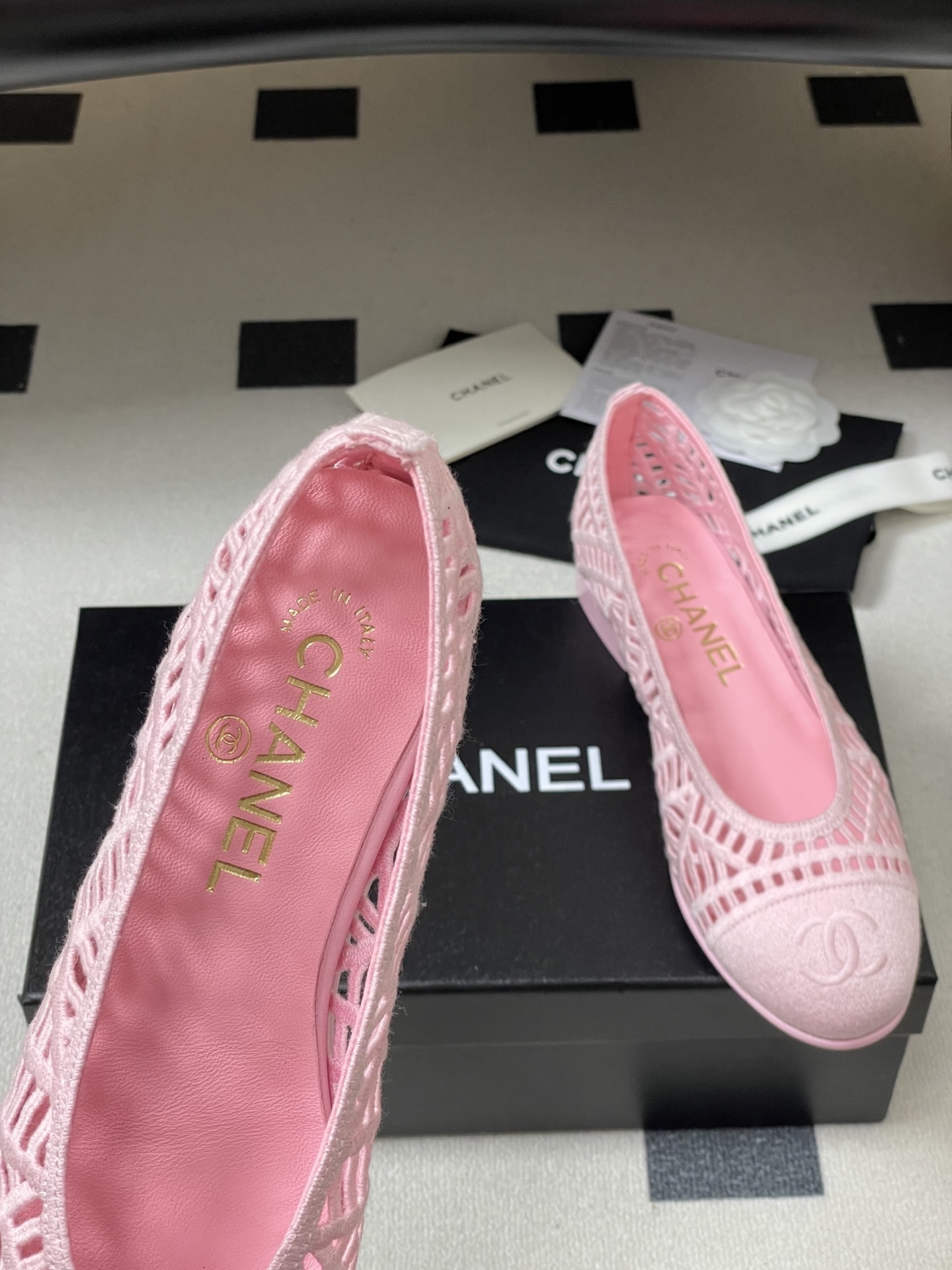 Chanel Pink Mesh Lace Ballet Flats with Interlocking CC Logo