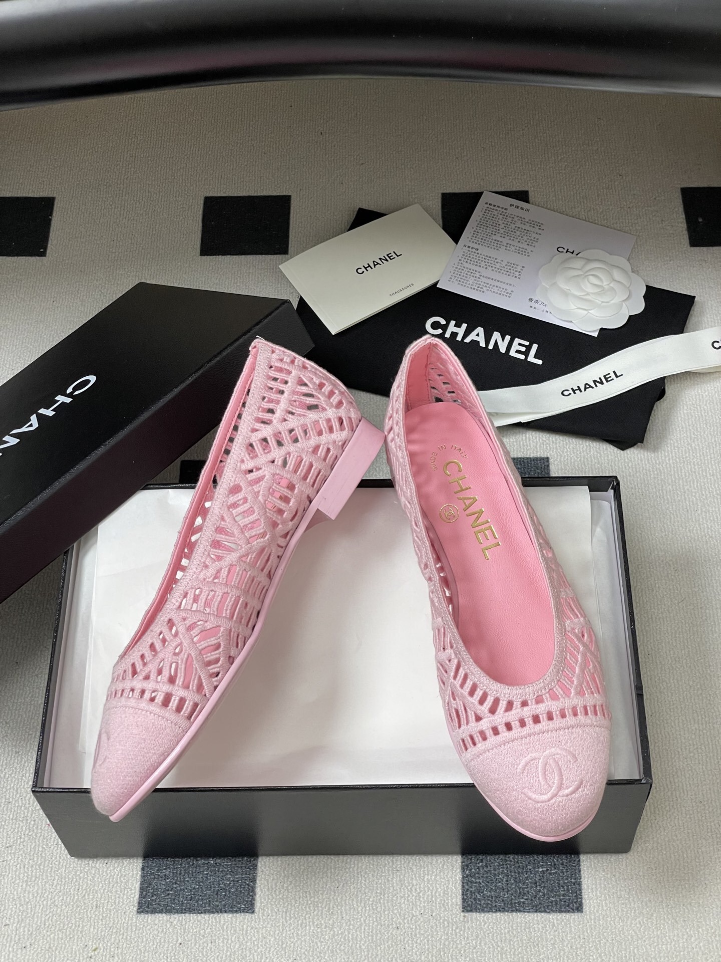 Chanel Pink Mesh Lace Ballet Flats with Interlocking CC Logo