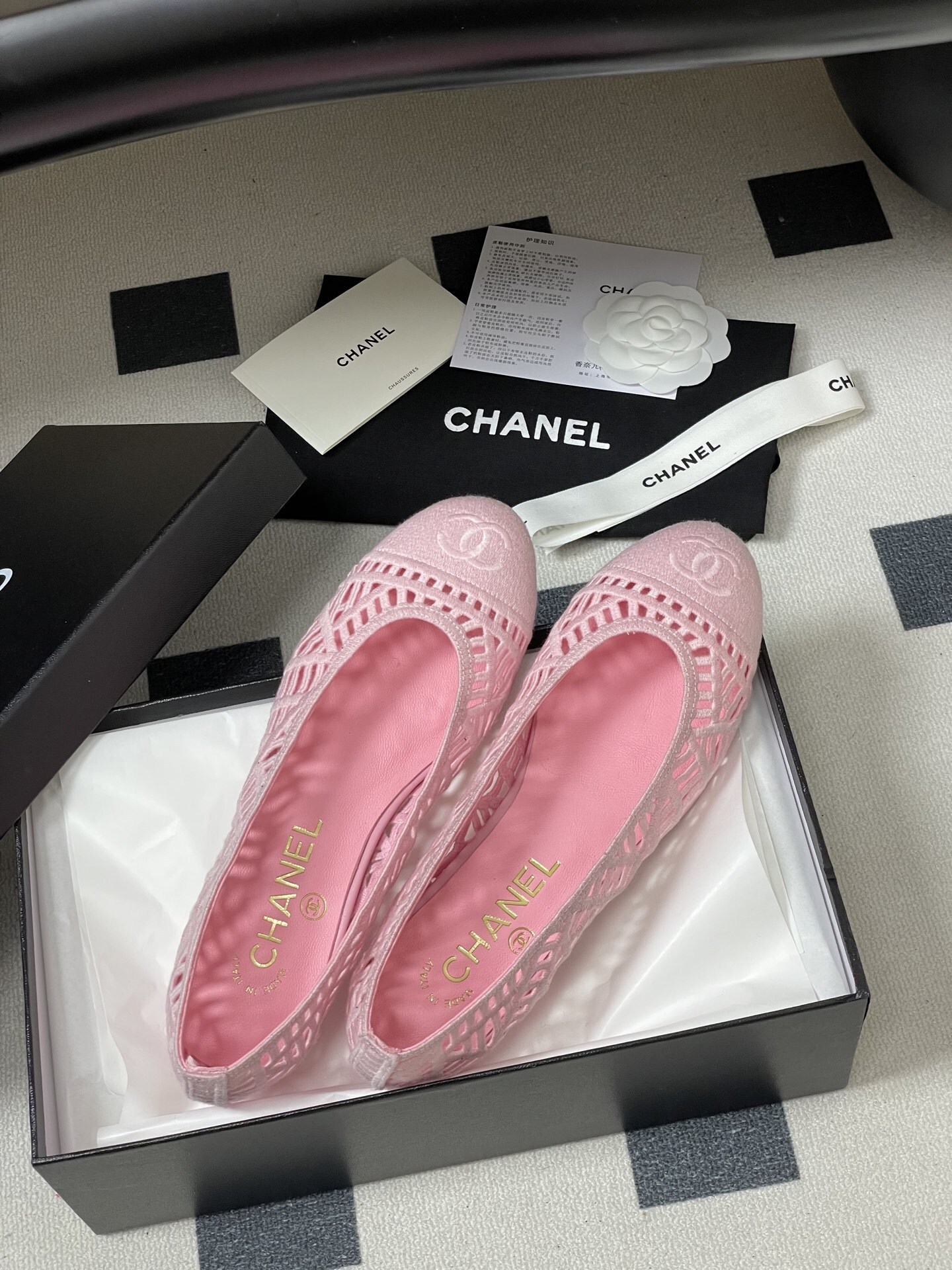 Chanel Pink Mesh Lace Ballet Flats with Interlocking CC Logo