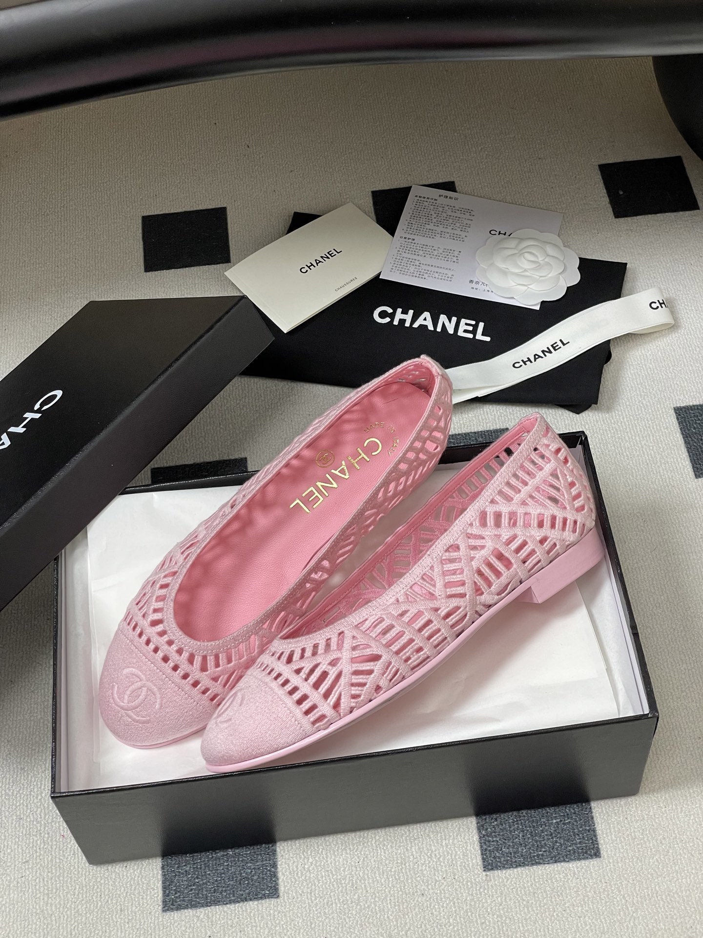 Chanel Pink Mesh Lace Ballet Flats with Interlocking CC Logo
