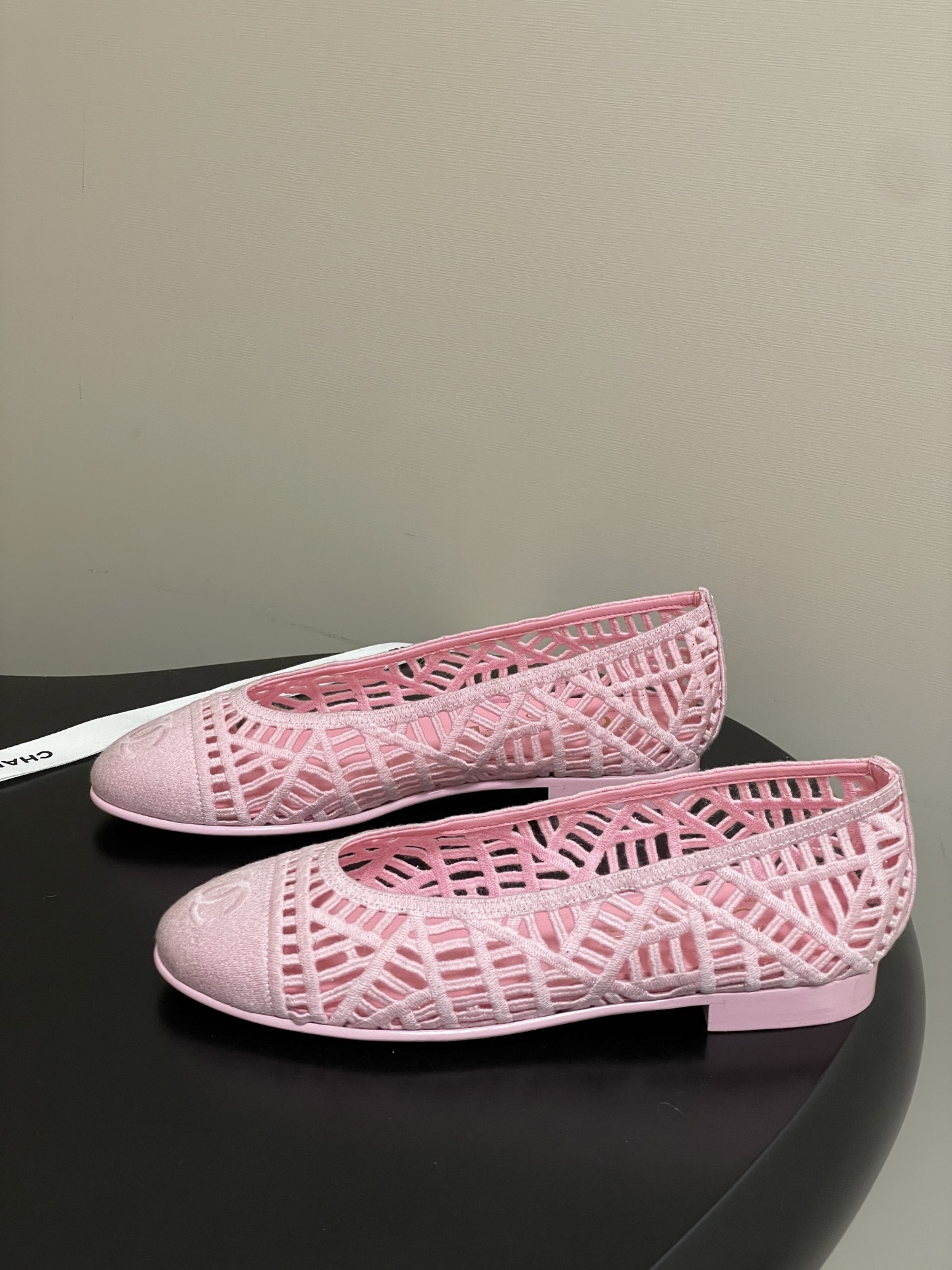 Chanel Pink Mesh Lace Ballet Flats with Interlocking CC Logo