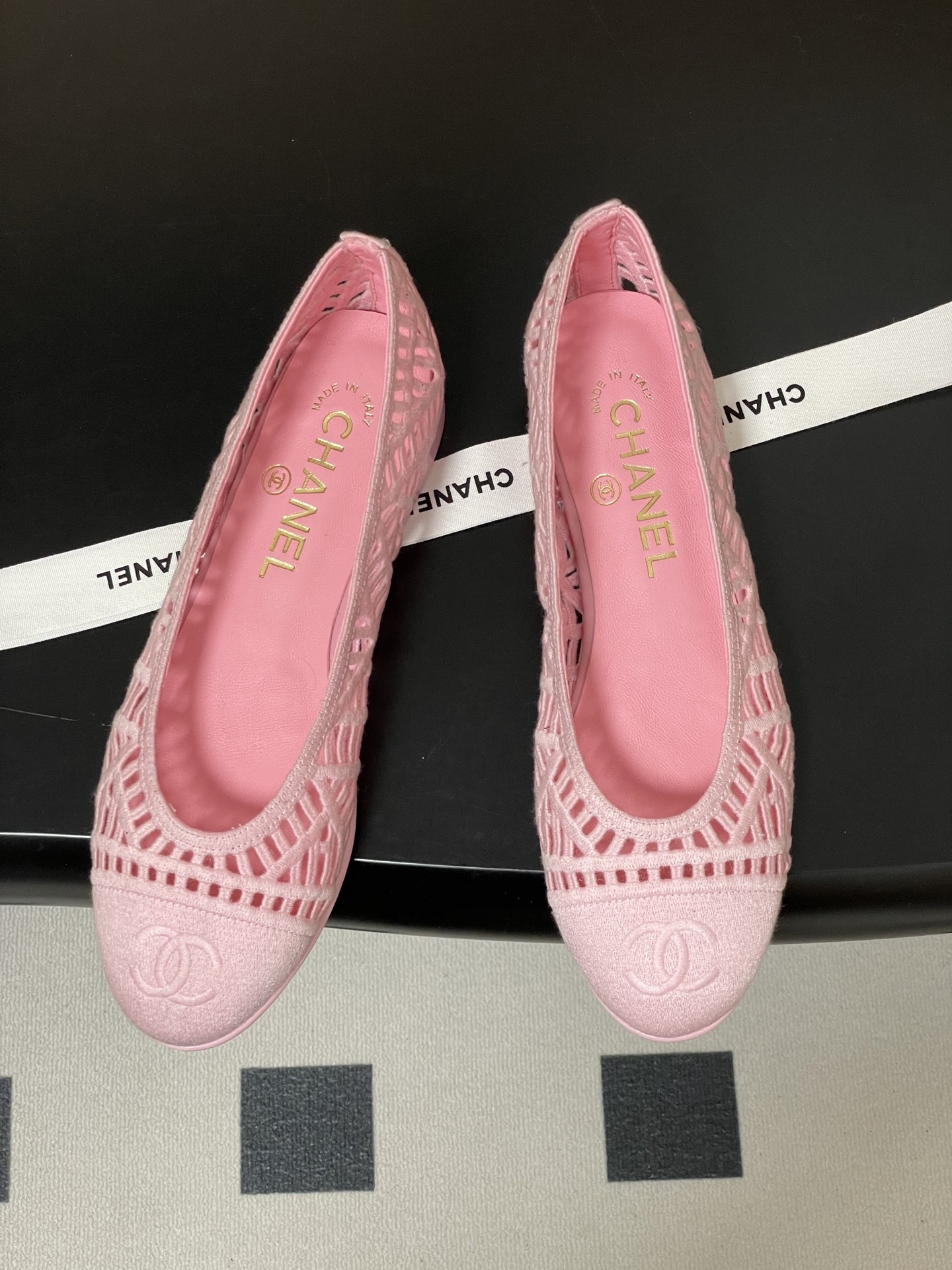 Chanel Pink Mesh Lace Ballet Flats with Interlocking CC Logo