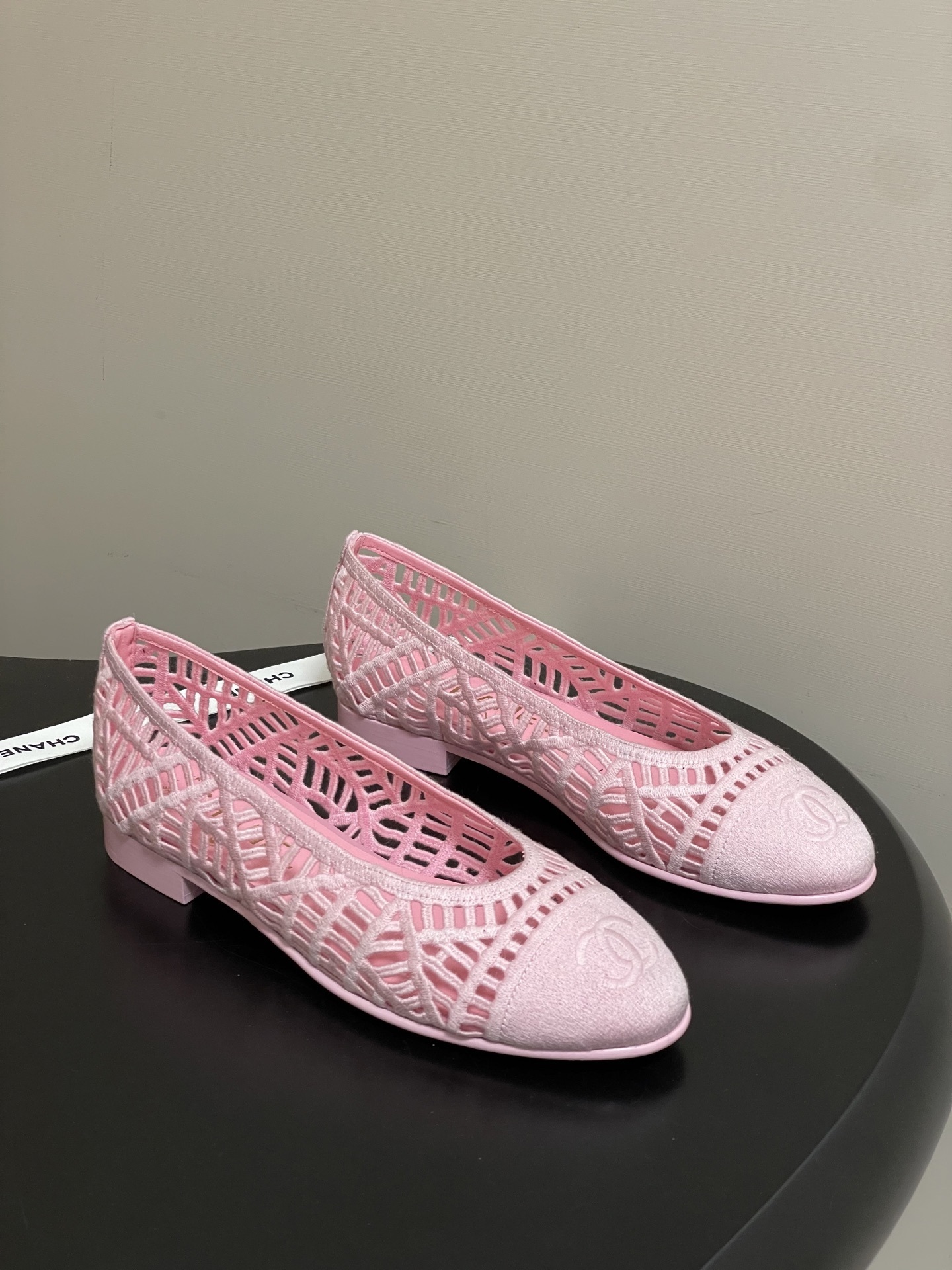 Chanel Pink Mesh Lace Ballet Flats with Interlocking CC Logo
