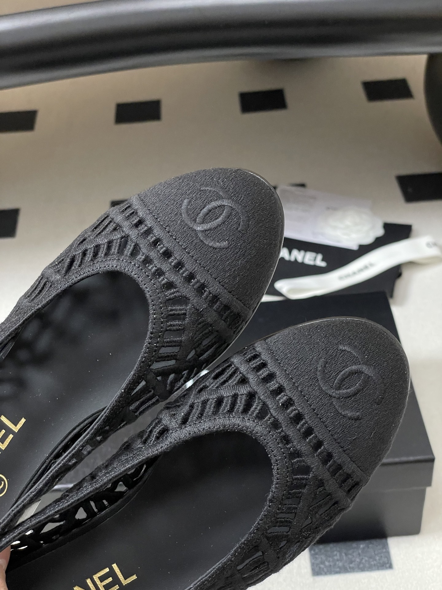 Chanel Black Woven Mesh Ballet Flats with Signature CC Logo
