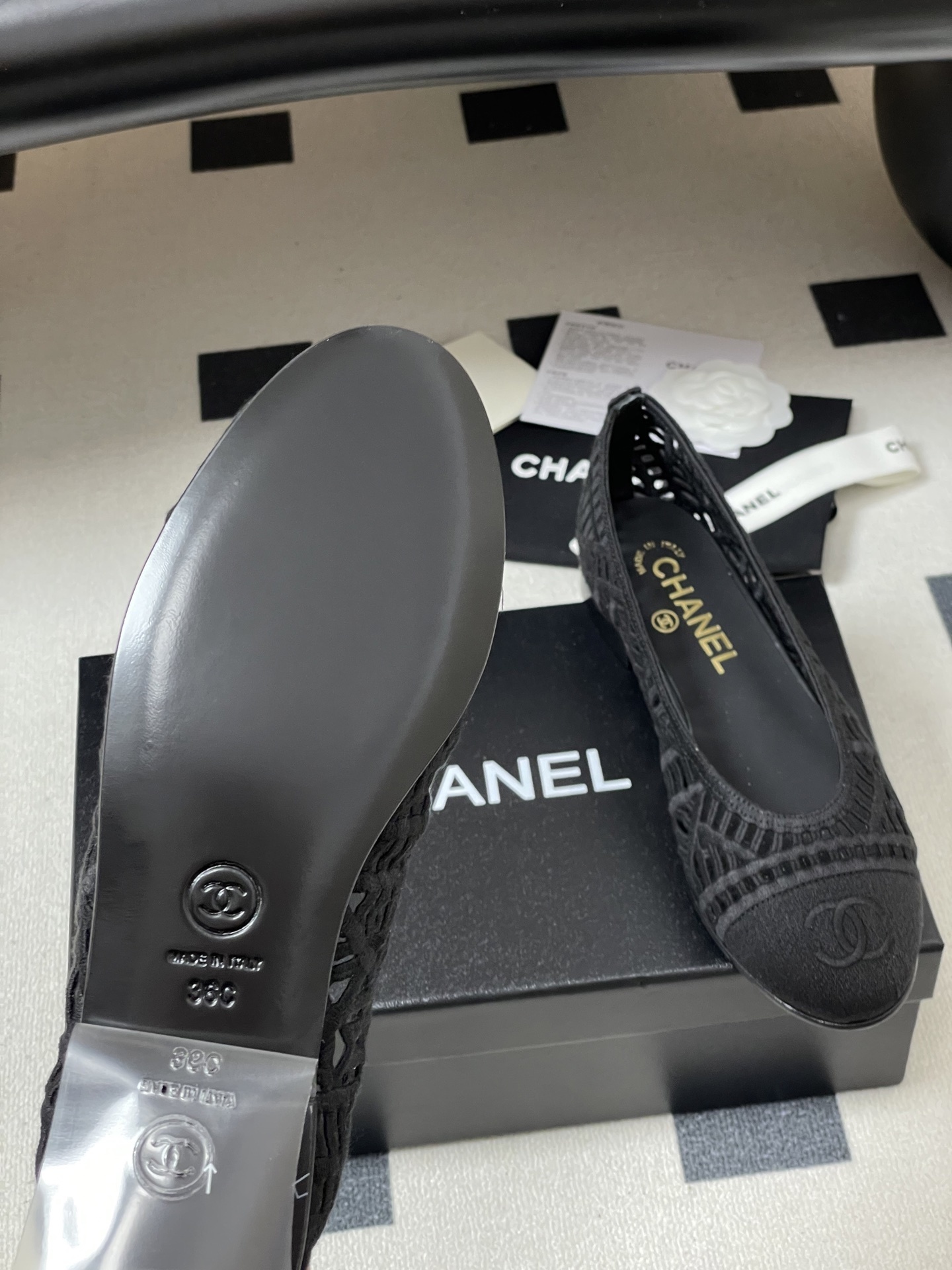 Chanel Black Woven Mesh Ballet Flats with Signature CC Logo