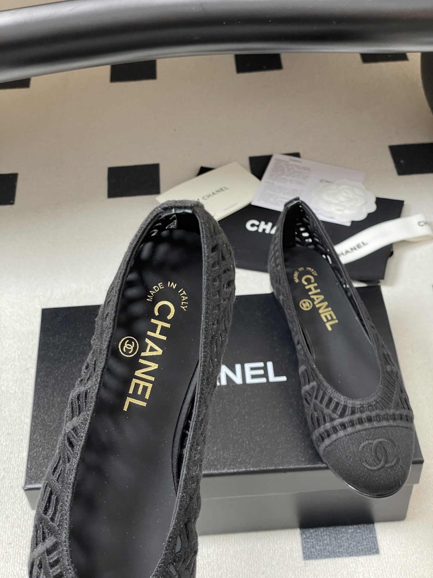 Chanel Black Woven Mesh Ballet Flats with Signature CC Logo