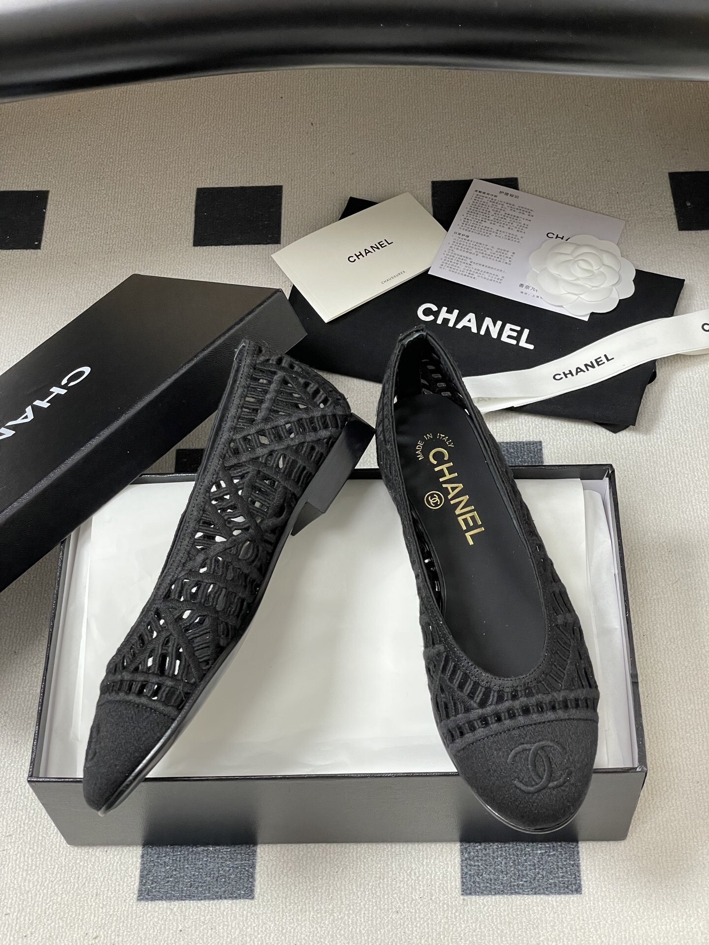 Chanel Black Woven Mesh Ballet Flats with Signature CC Logo
