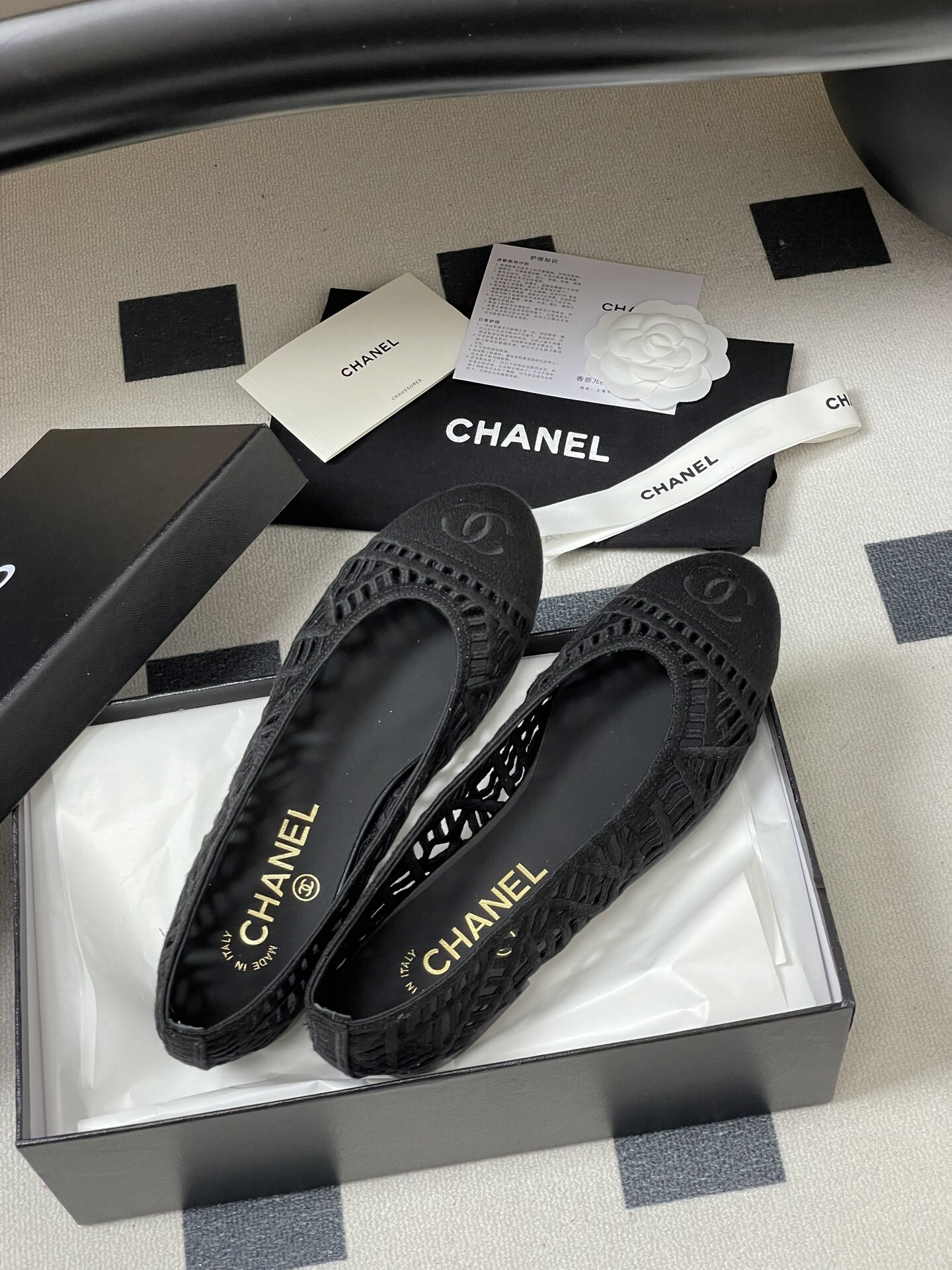 Chanel Black Woven Mesh Ballet Flats with Signature CC Logo
