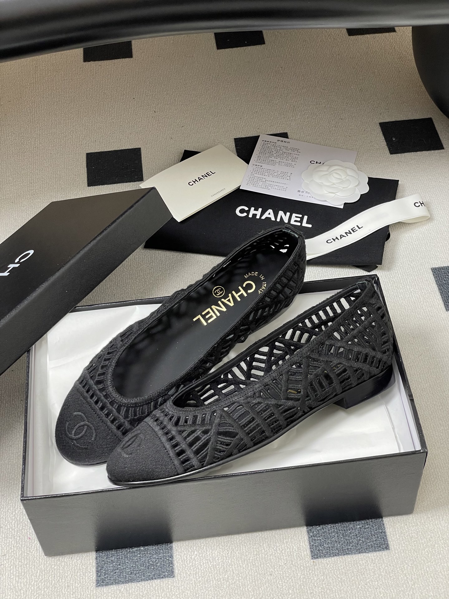 Chanel Black Woven Mesh Ballet Flats with Signature CC Logo
