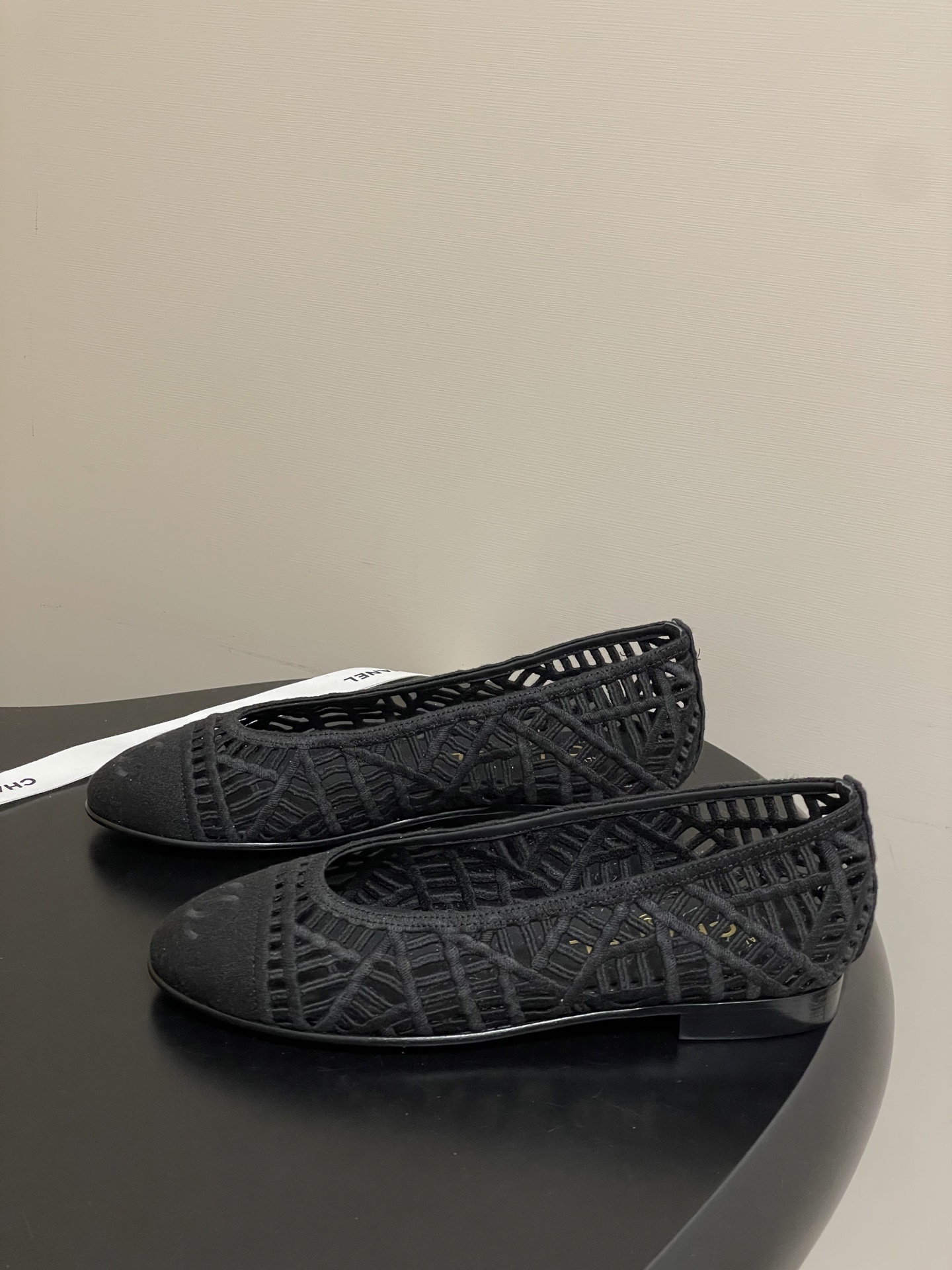 Chanel Black Woven Mesh Ballet Flats with Signature CC Logo