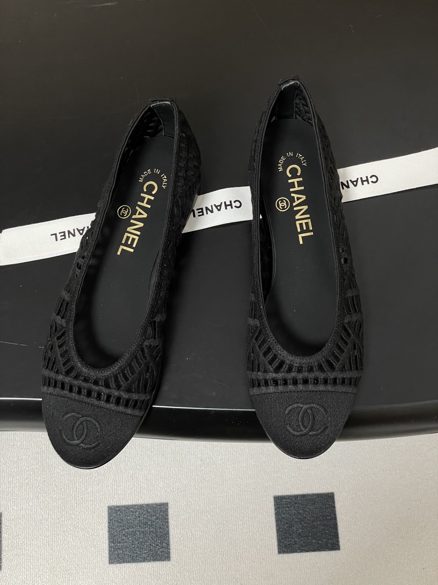 Chanel Black Woven Mesh Ballet Flats with Signature CC Logo