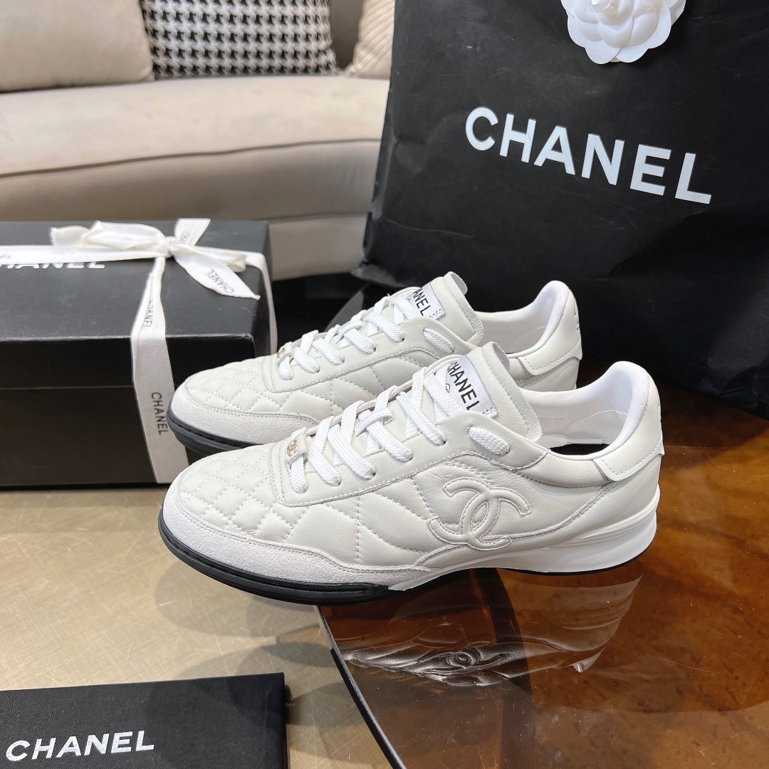 Chanel White Quilted Leather Sneakers with Iconic CC Logo