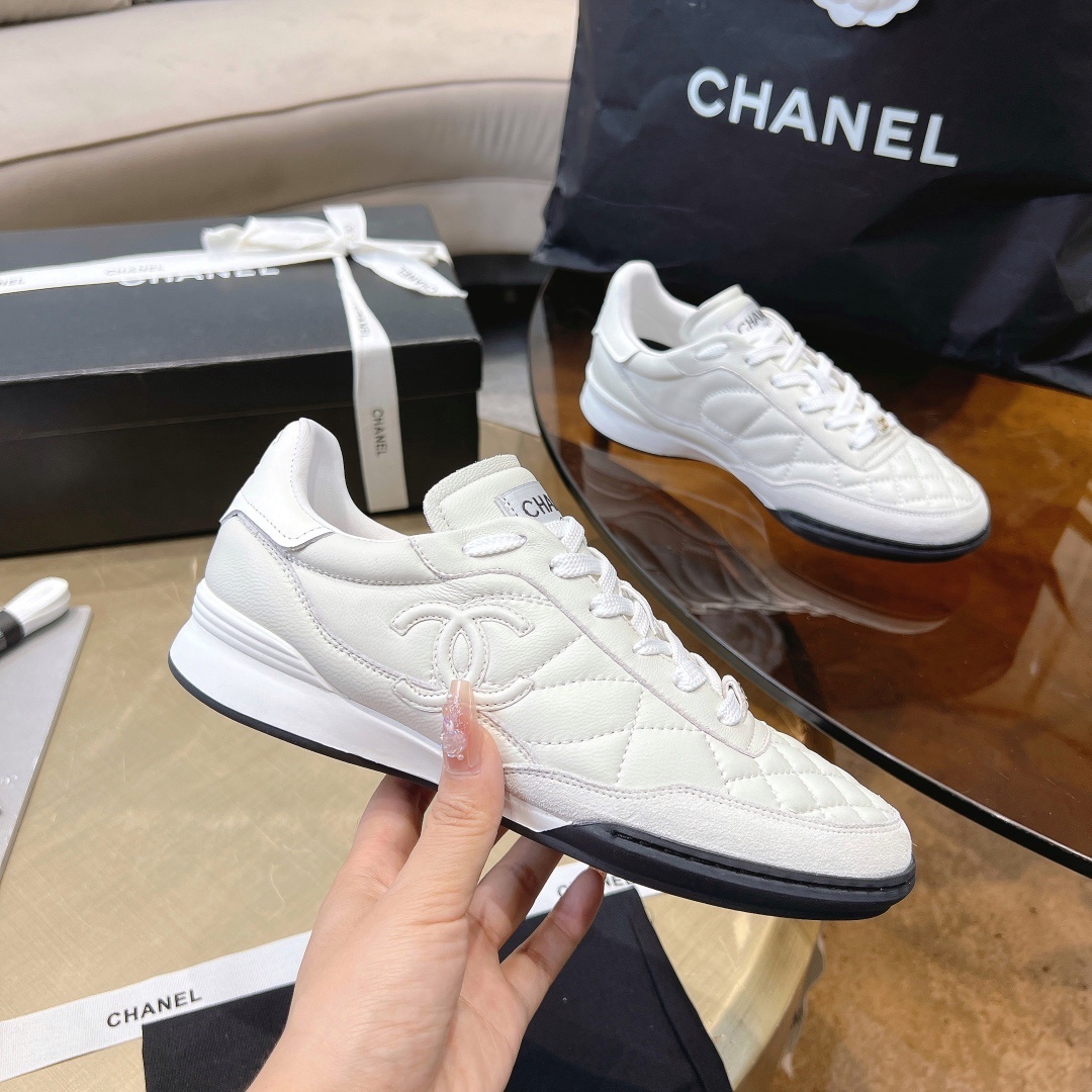 Chanel White Quilted Leather Sneakers with Iconic CC Logo