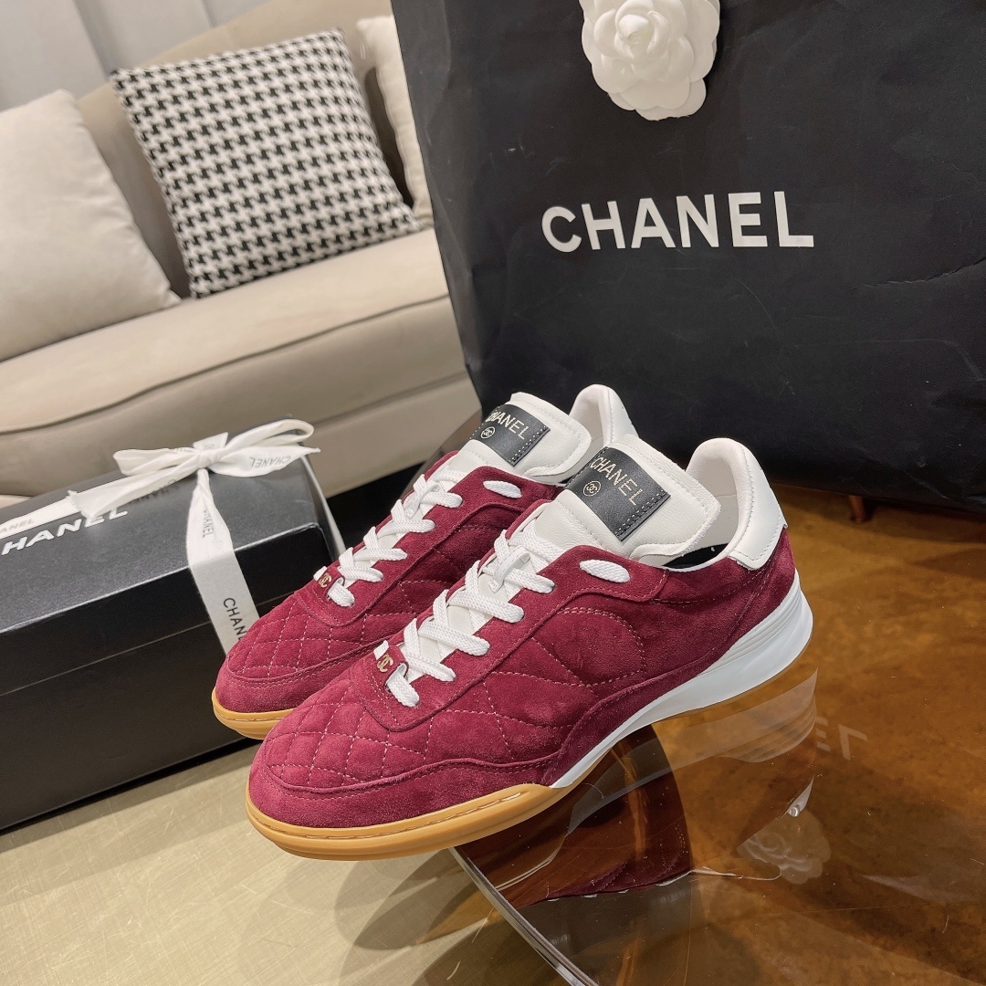 Chanel Burgundy Quilted Suede Sneakers - Elegant Designer Footwear